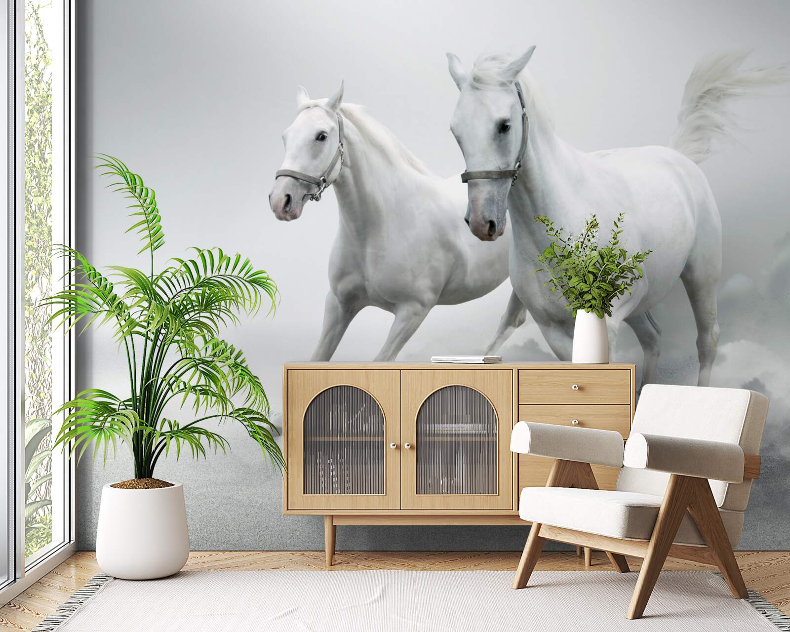 Fotobehang twee sneeuwwitte hengsten rennen over de heldere zandvlakte