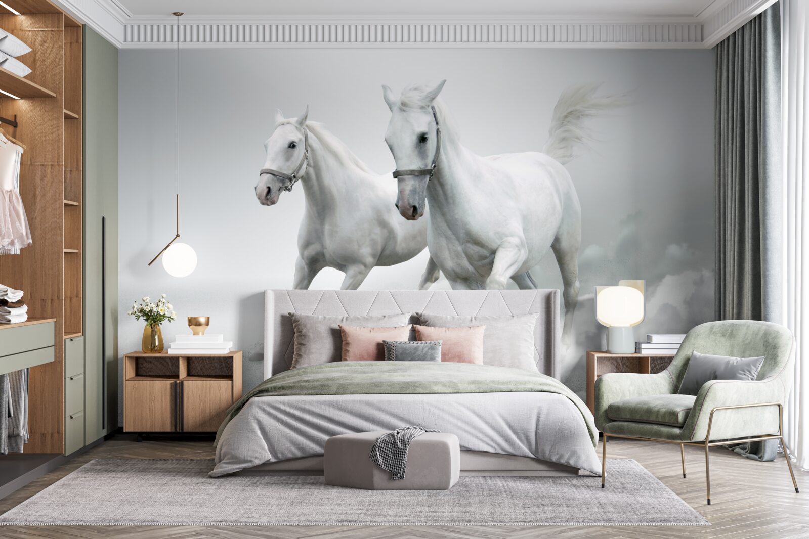 Fotobehang twee sneeuwwitte hengsten rennen over de heldere zandvlakte