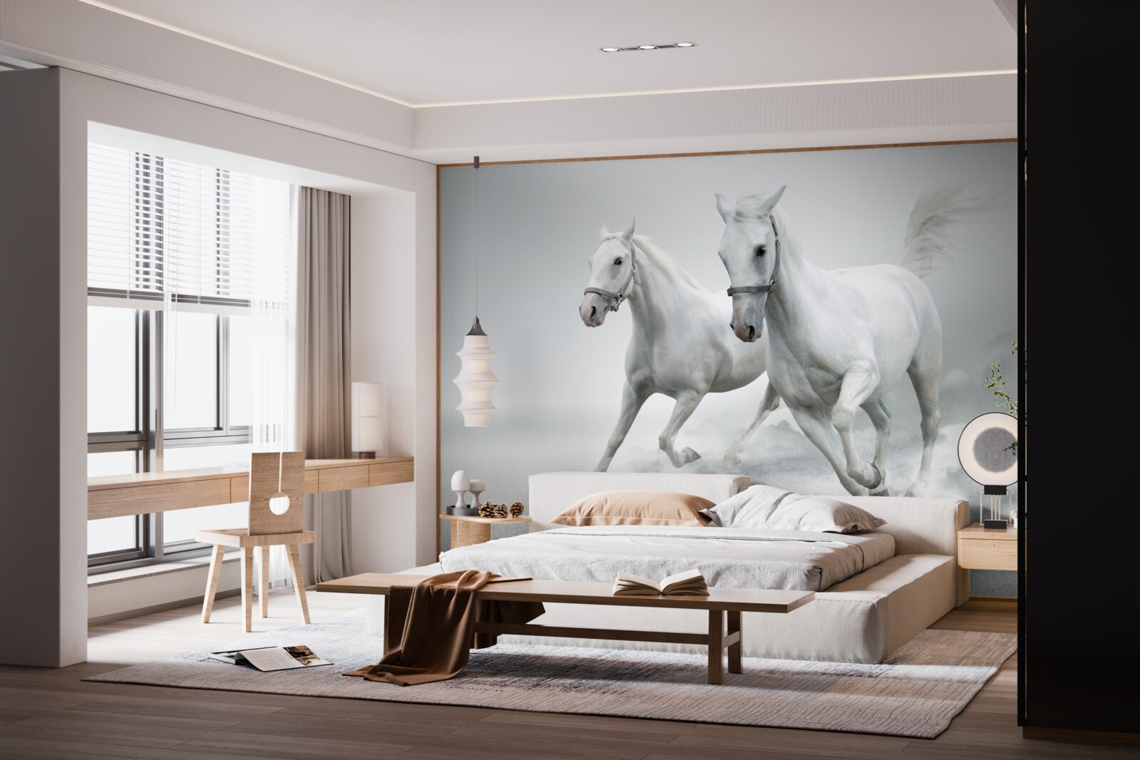 Fotobehang twee sneeuwwitte hengsten rennen over de heldere zandvlakte