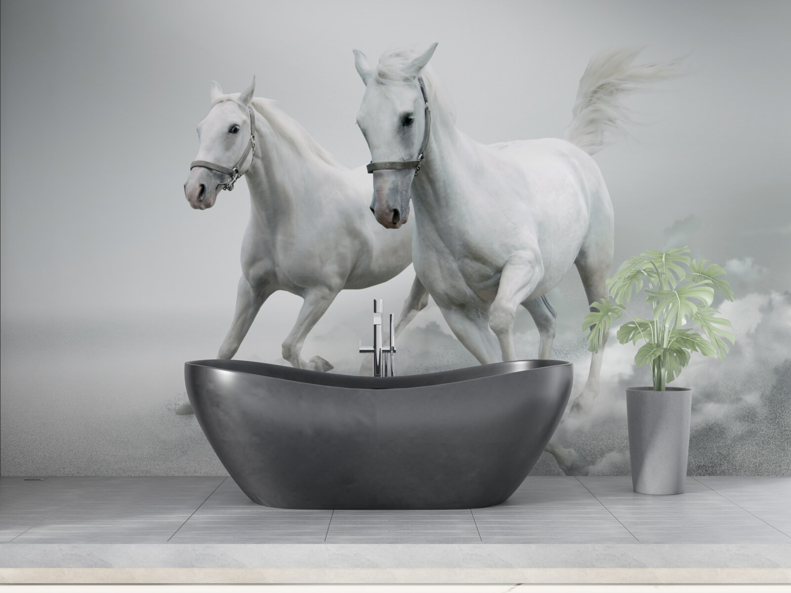 Fotobehang twee sneeuwwitte hengsten rennen over de heldere zandvlakte