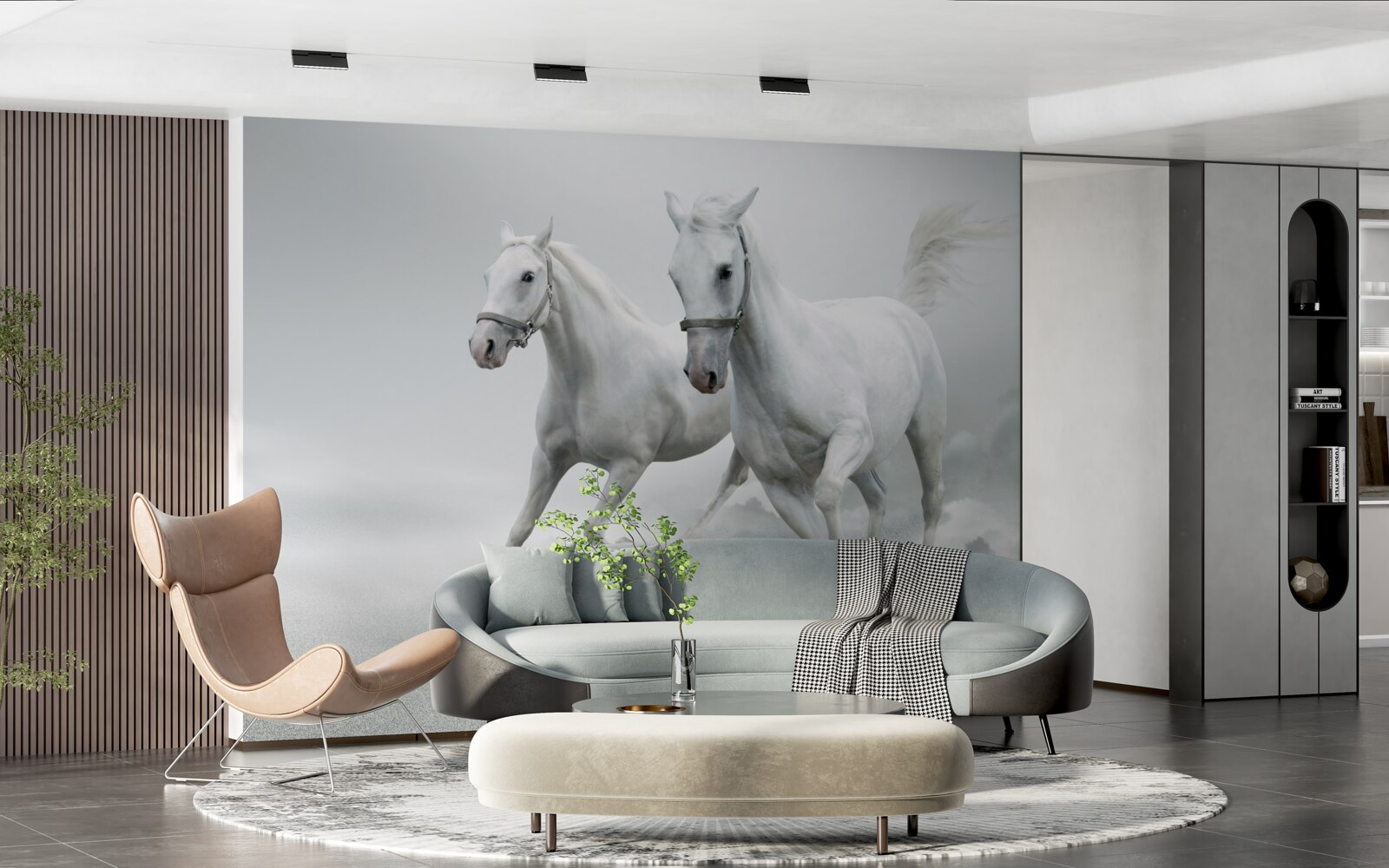 Fotobehang twee sneeuwwitte hengsten rennen over de heldere zandvlakte