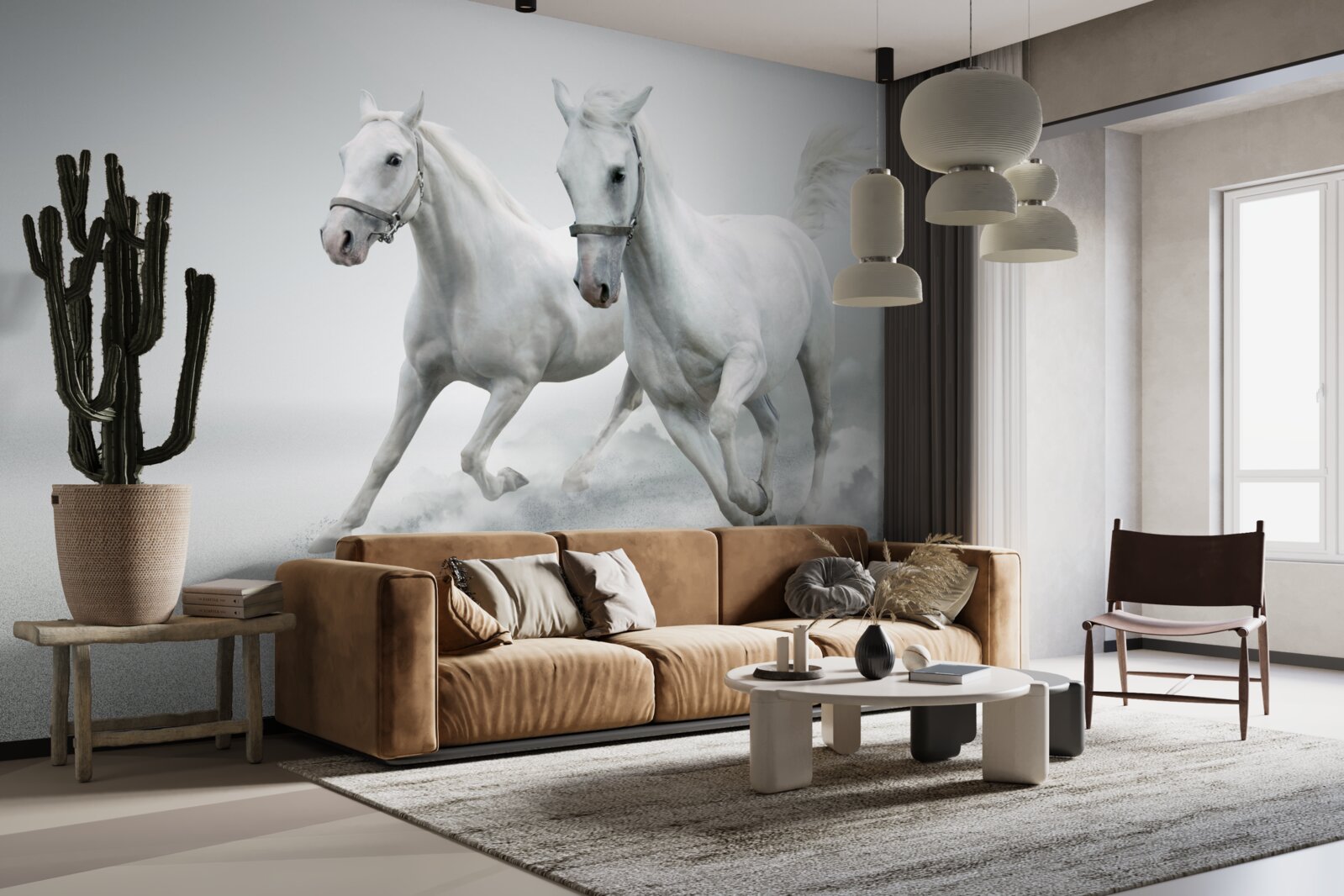 Fotobehang twee sneeuwwitte hengsten rennen over de heldere zandvlakte