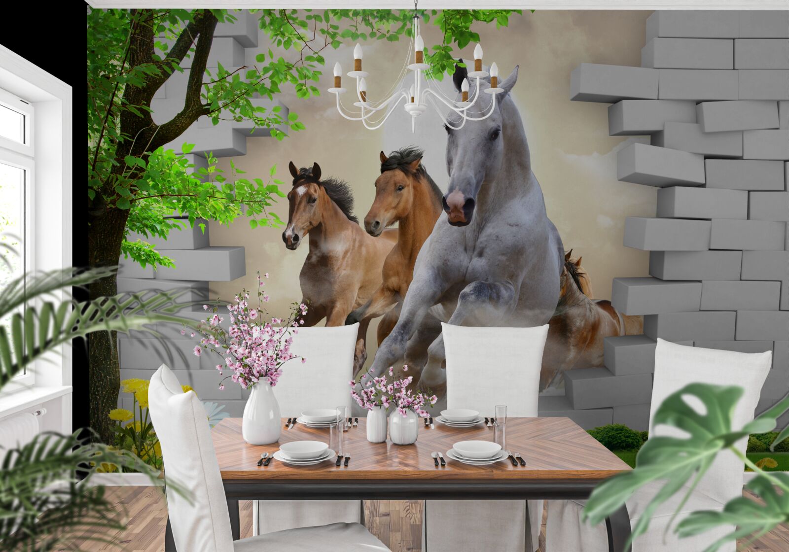 Fotobehang verschillende paarden vernielen bakstenen met hun galopperende