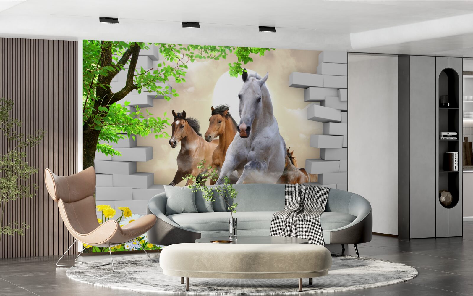 Fotobehang verschillende paarden vernielen bakstenen met hun galopperende