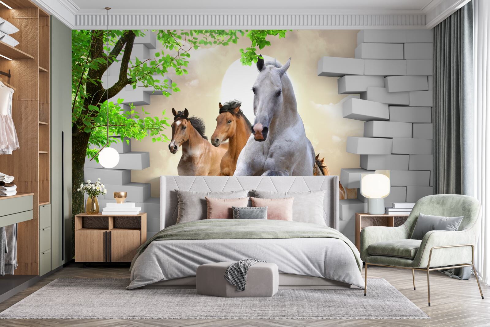 Fotobehang verschillende paarden vernielen bakstenen met hun galopperende