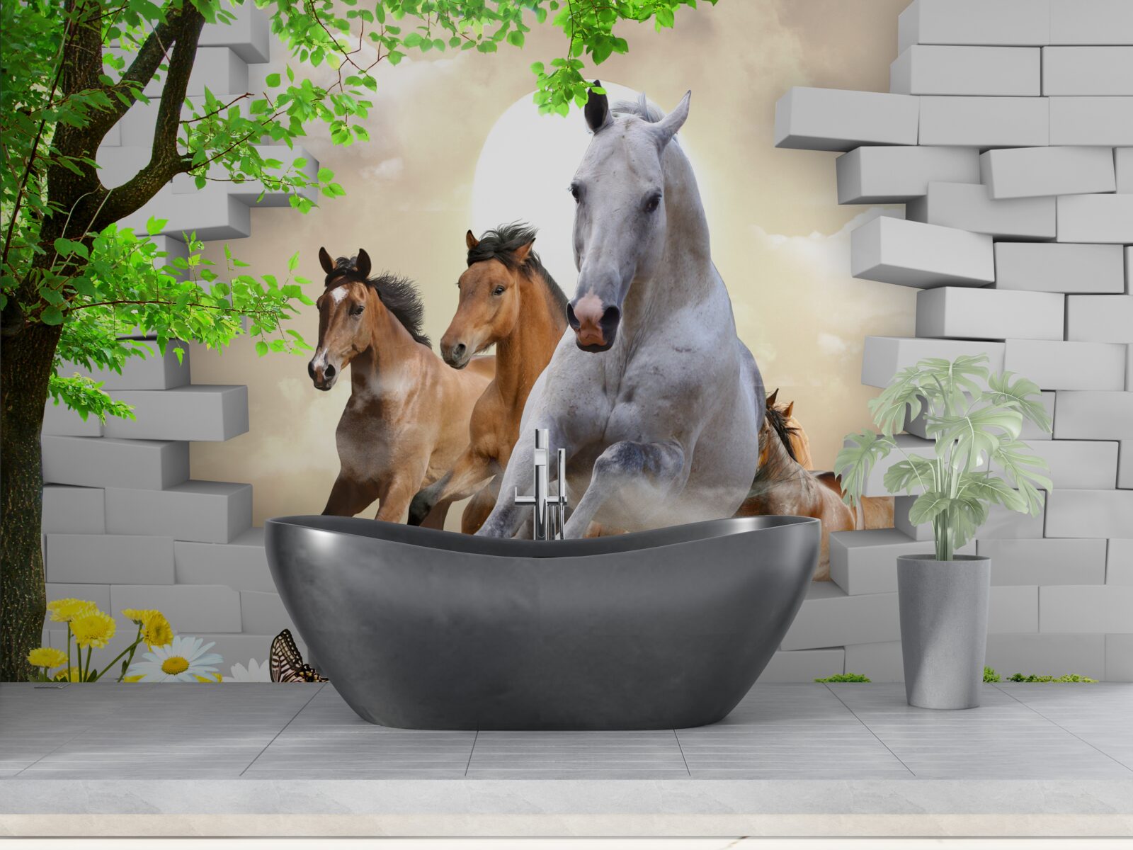 Fotobehang verschillende paarden vernielen bakstenen met hun galopperende