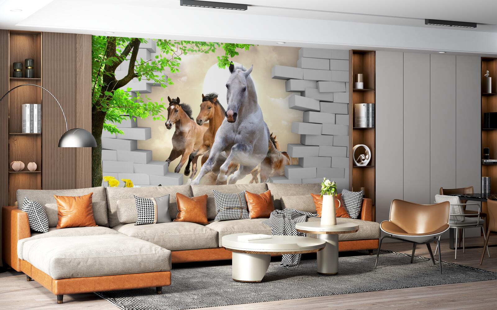 Fotobehang verschillende paarden vernielen bakstenen met hun galopperende