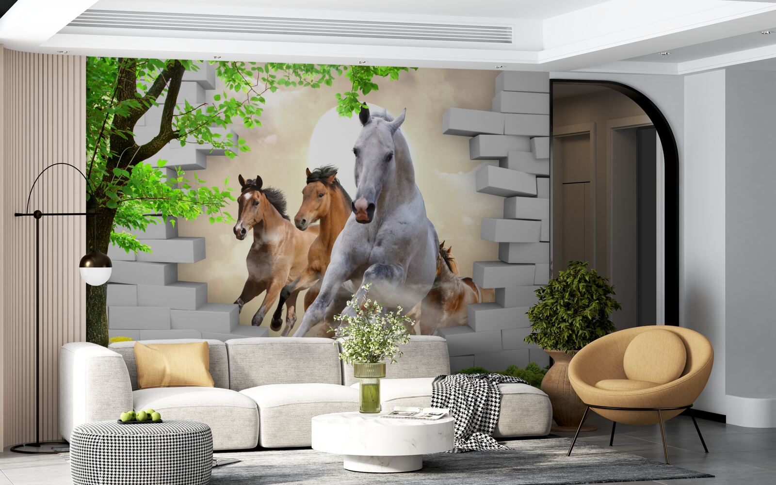 Fotobehang verschillende paarden vernielen bakstenen met hun galopperende