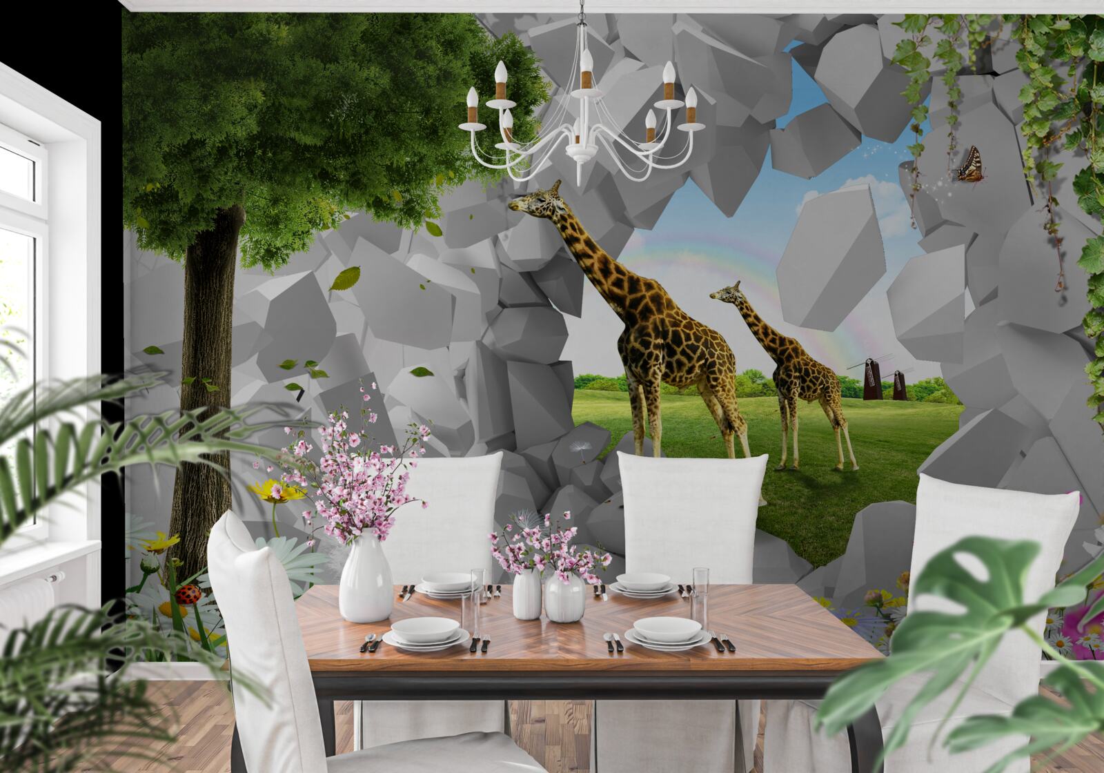 Fotobehang in het wild proberen giraffen bomen te bereiken