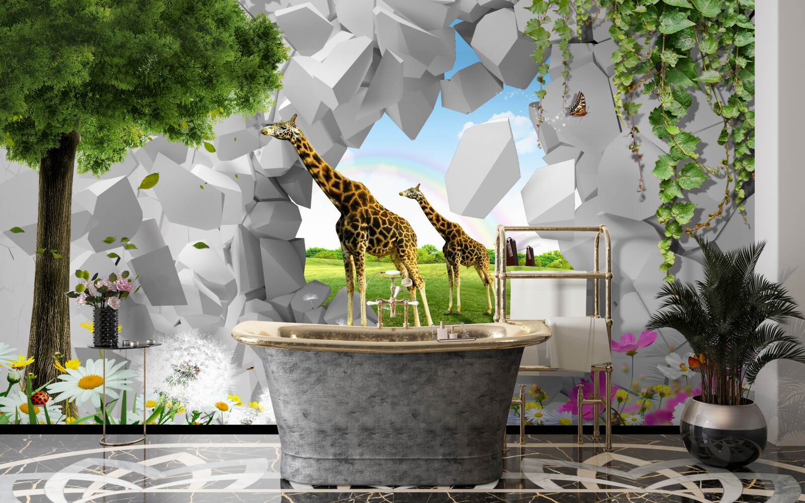 Fotobehang in het wild proberen giraffen bomen te bereiken