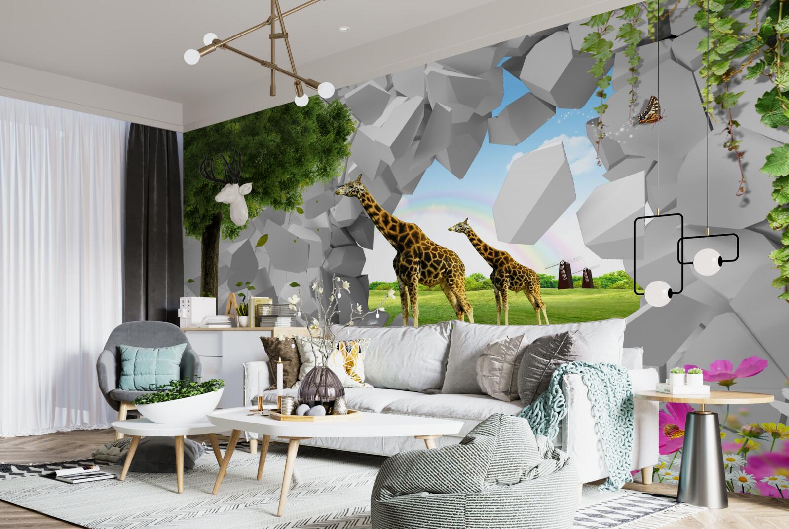 Fotobehang in het wild proberen giraffen bomen te bereiken