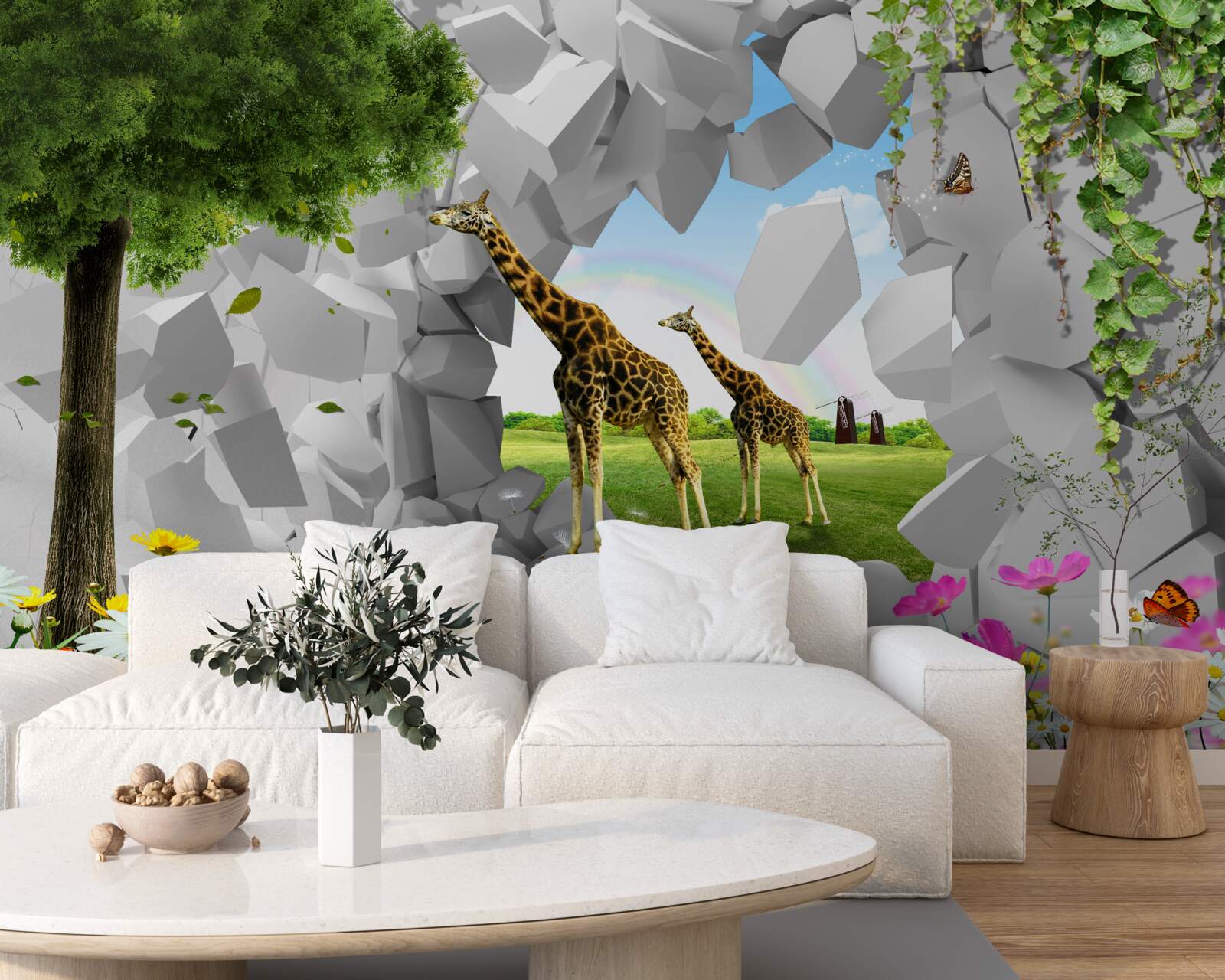 Fotobehang in het wild proberen giraffen bomen te bereiken