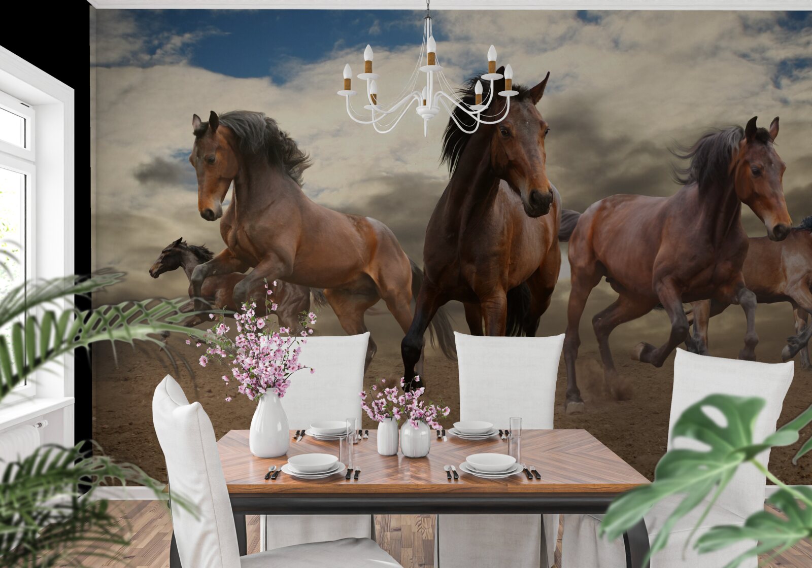 Fotobehang een groep bruine paarden die over de grond rennen