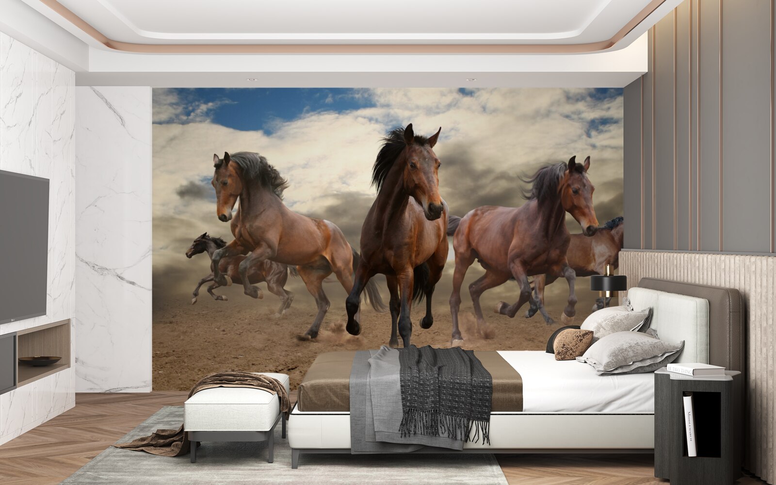 Fotobehang een groep bruine paarden die over de grond rennen