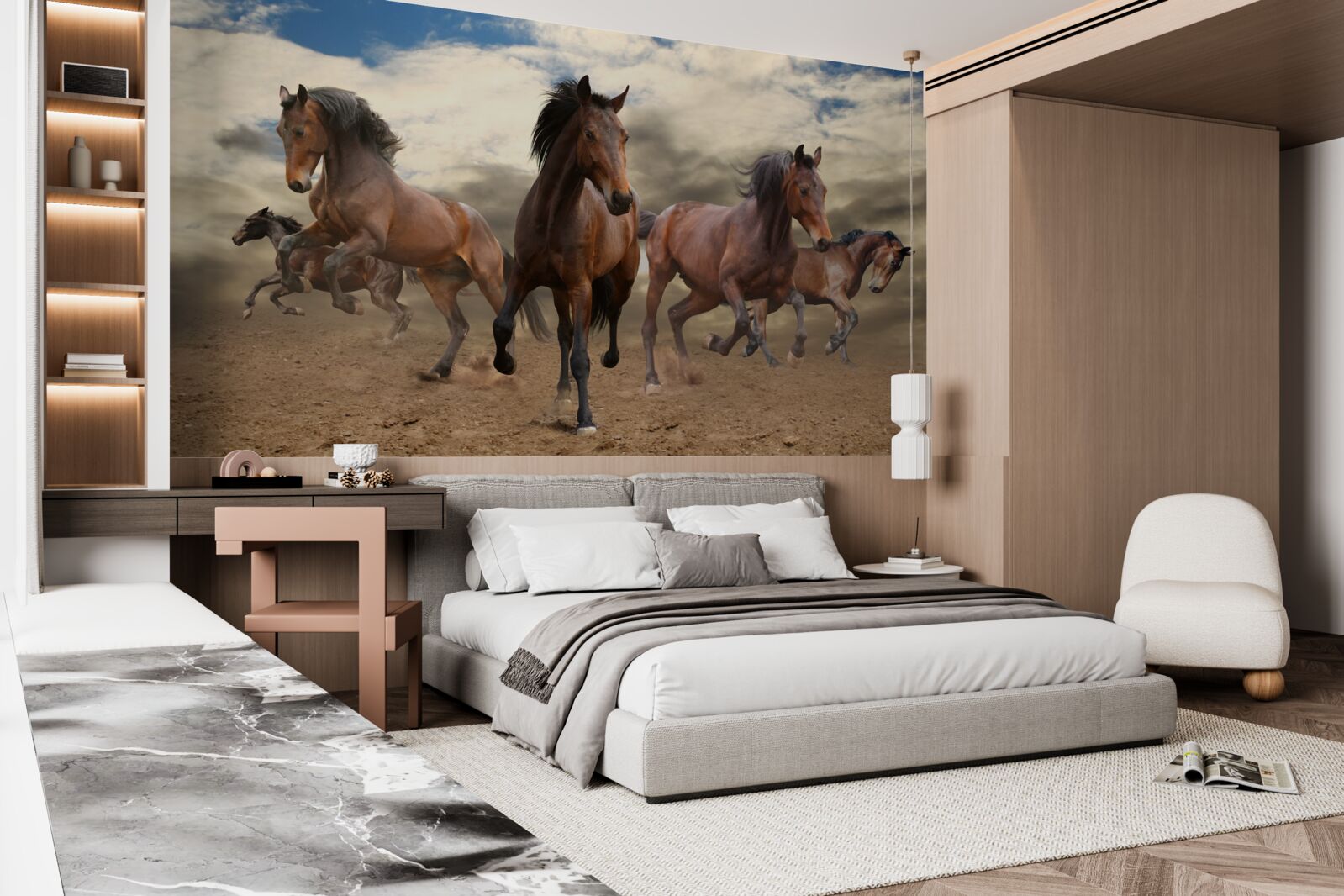 Fotobehang een groep bruine paarden die over de grond rennen