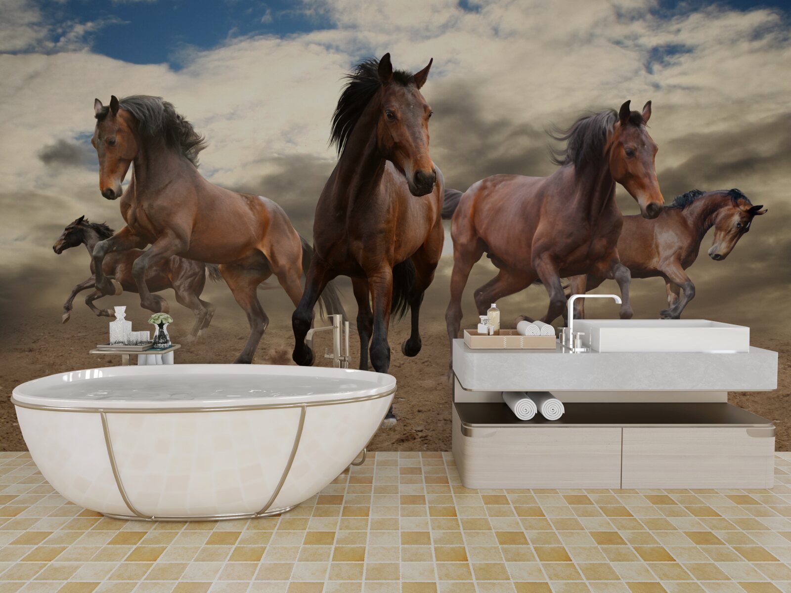 Fotobehang een groep bruine paarden die over de grond rennen