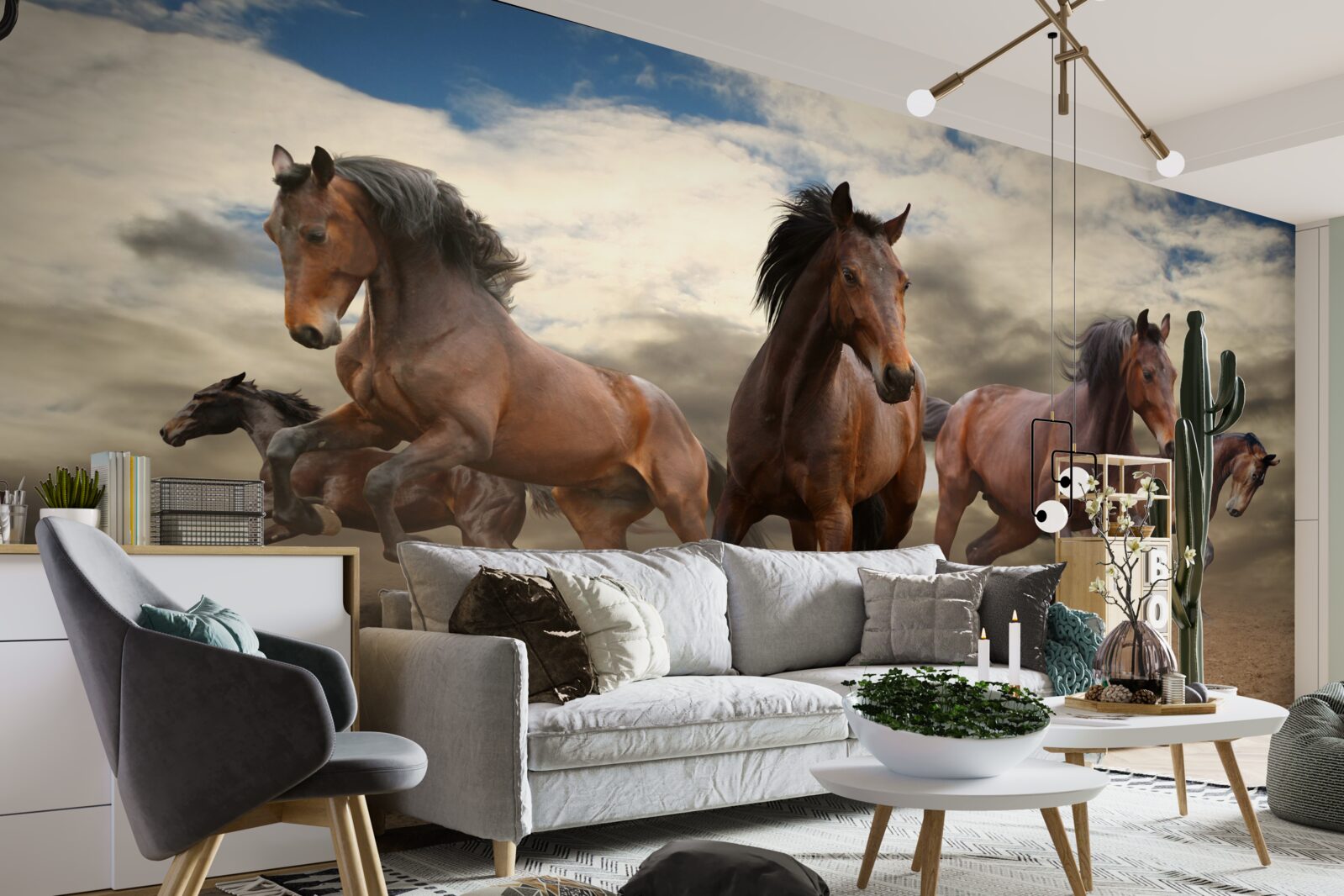 Fotobehang een groep bruine paarden die over de grond rennen