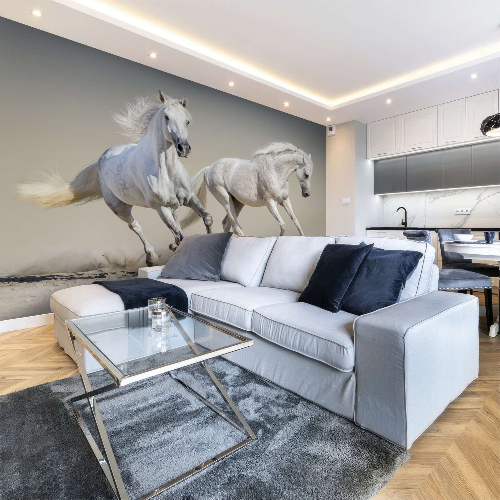 Fotobehang twee lichtgewicht hengsten racen over een zandvlakte