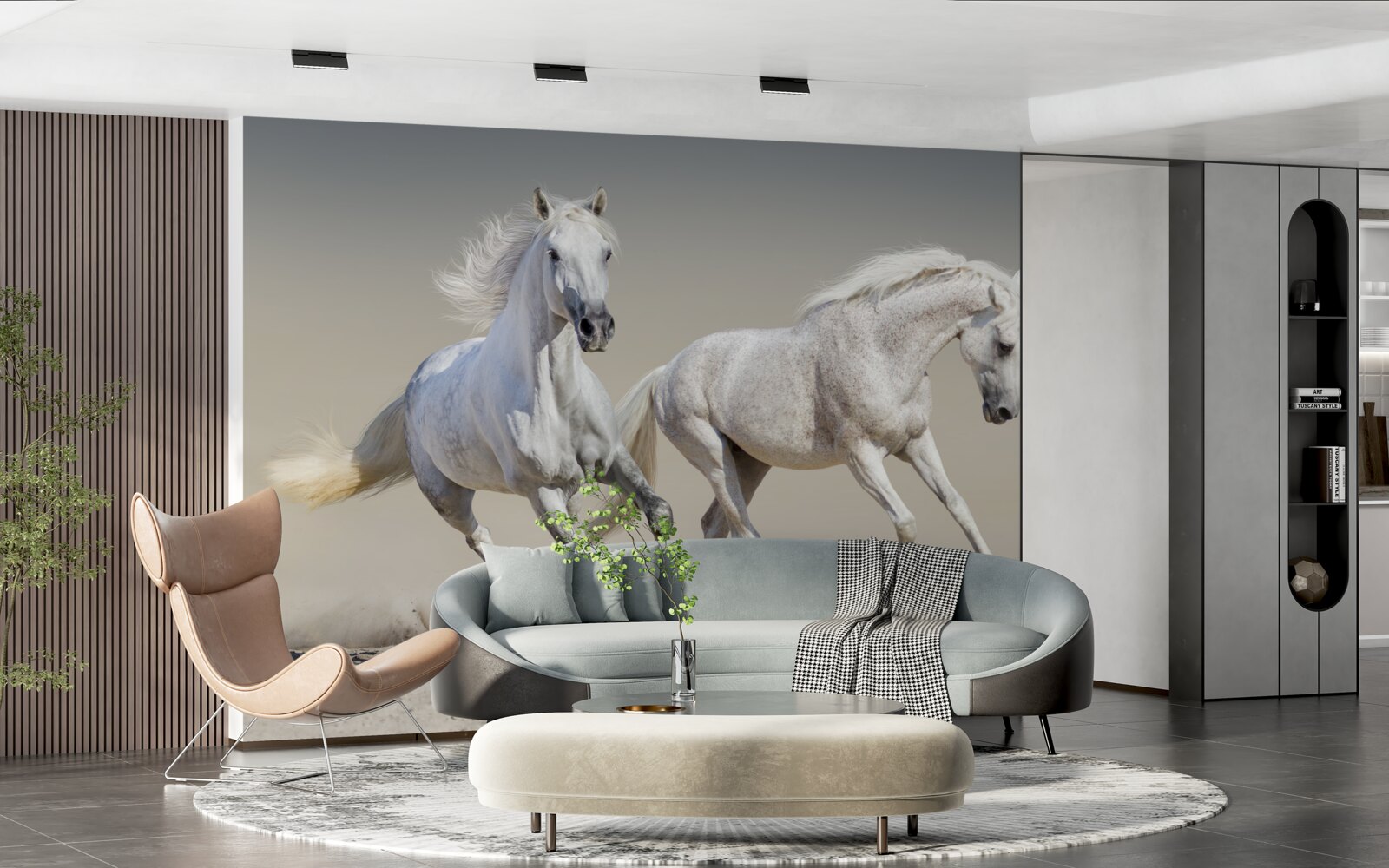 Fotobehang twee lichtgewicht hengsten racen over een zandvlakte