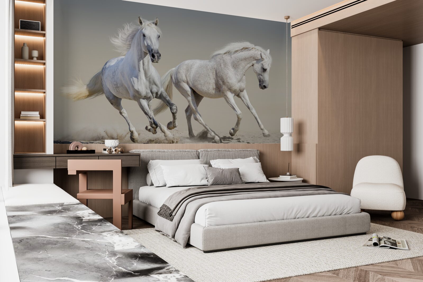 Fotobehang twee lichtgewicht hengsten racen over een zandvlakte