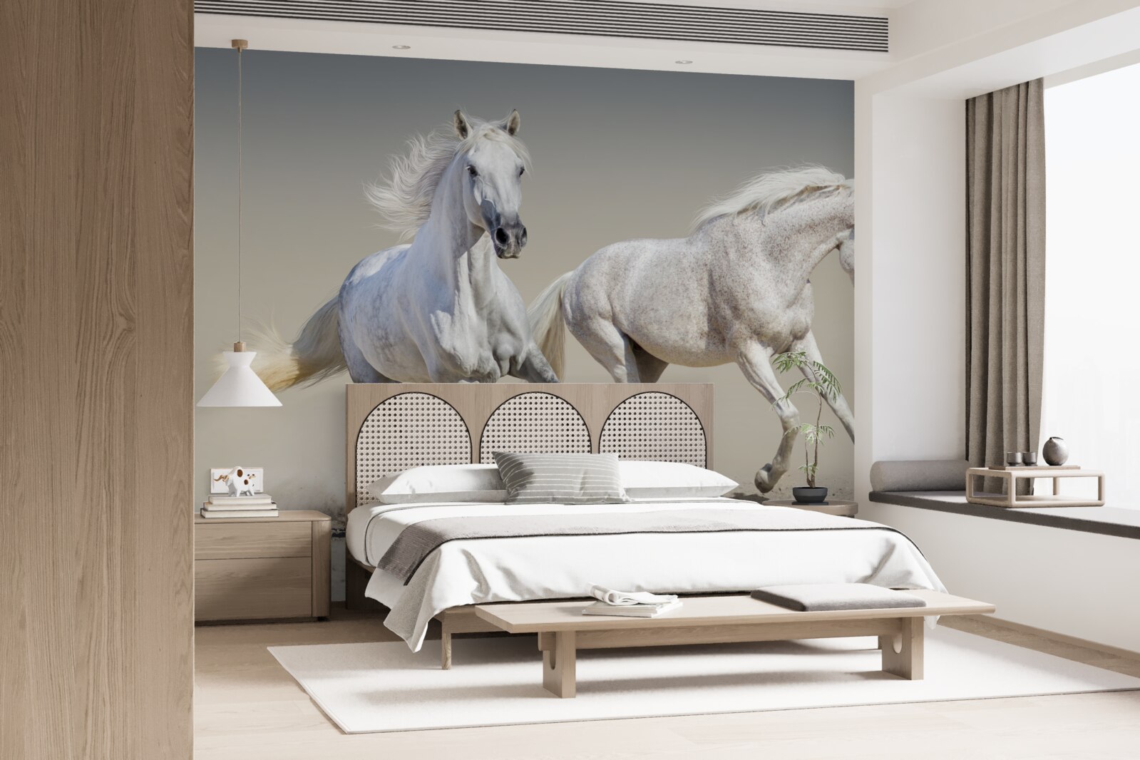 Fotobehang twee lichtgewicht hengsten racen over een zandvlakte