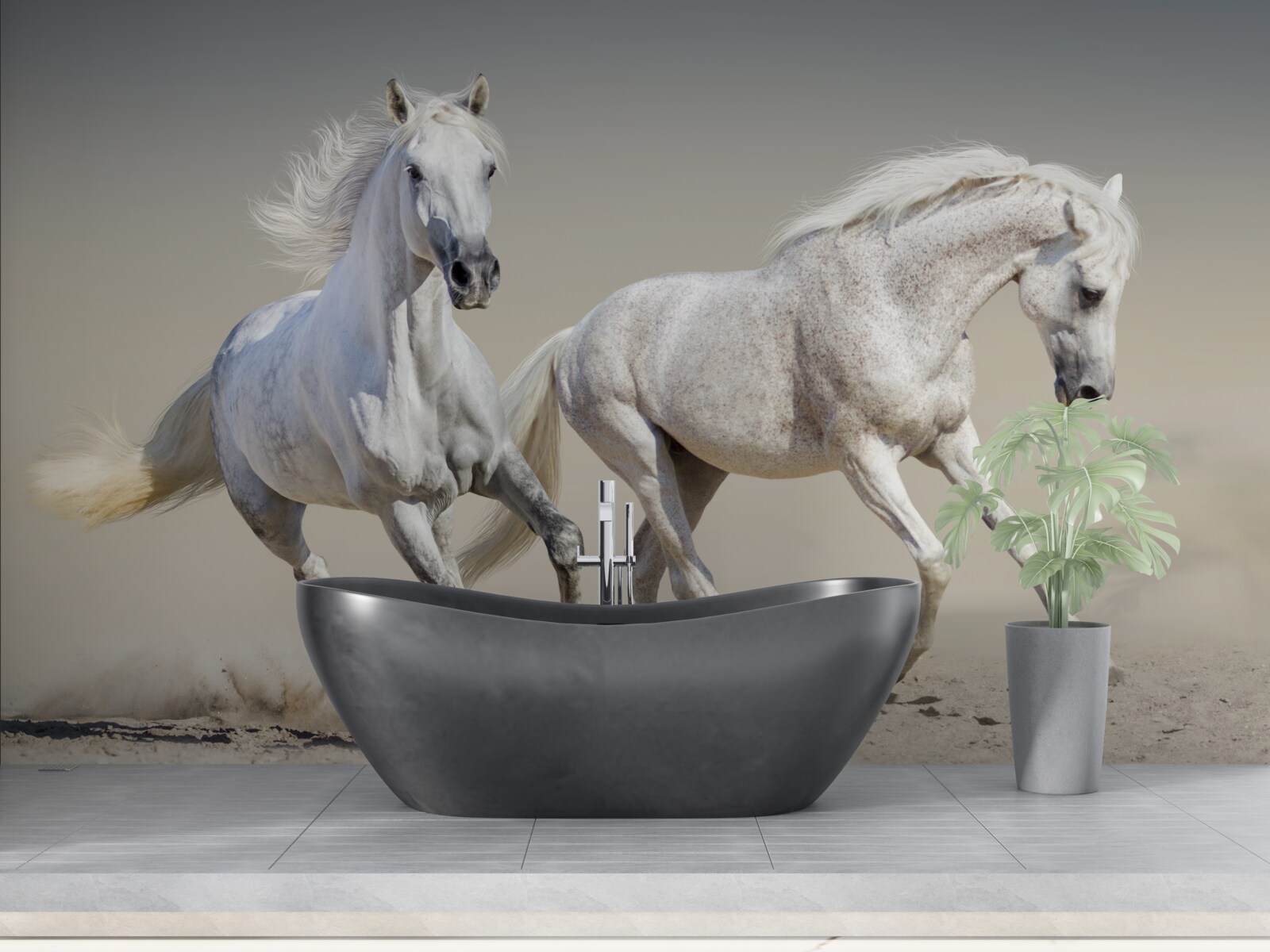 Fotobehang twee lichtgewicht hengsten racen over een zandvlakte