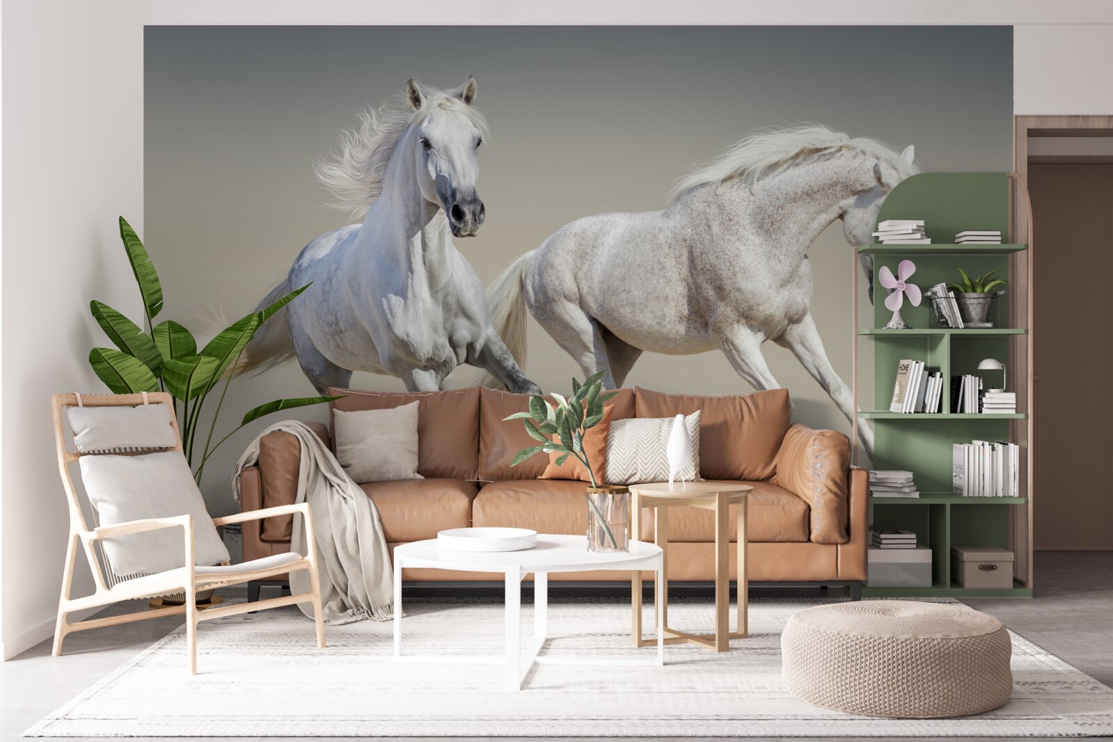 Fotobehang twee lichtgewicht hengsten racen over een zandvlakte