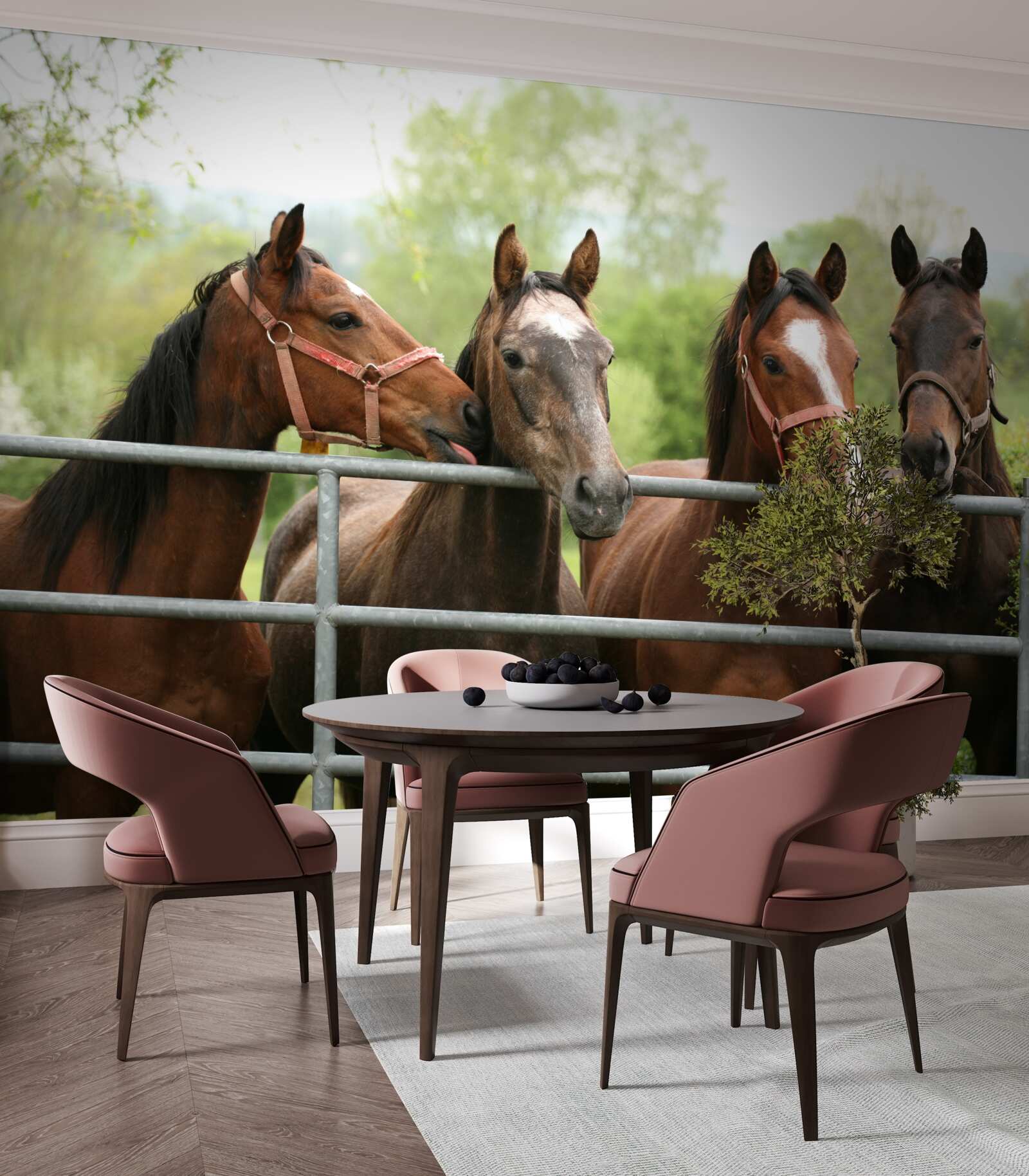 Fotobehang er staan vier bruine paarden in de omheining