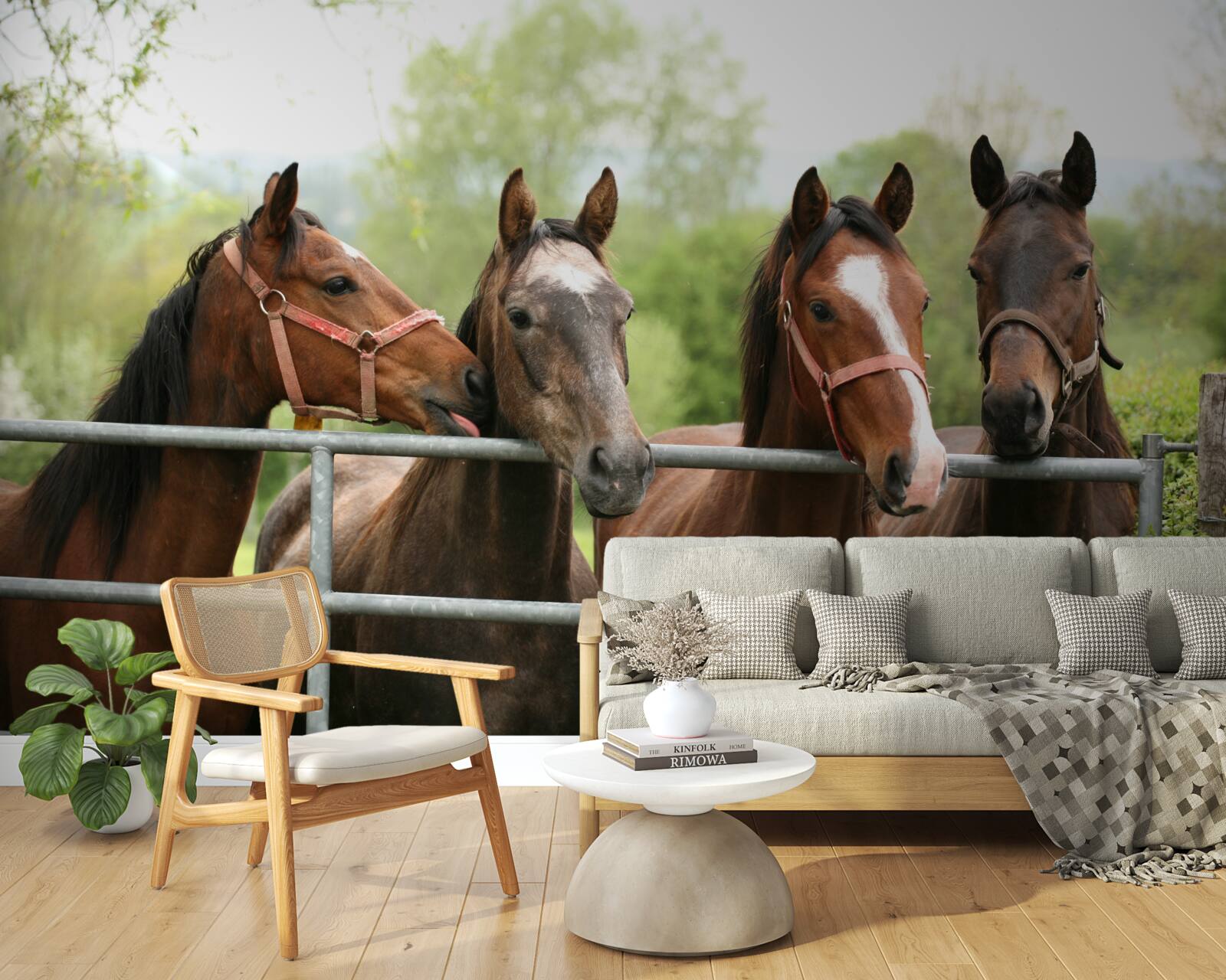 Fotobehang er staan vier bruine paarden in de omheining