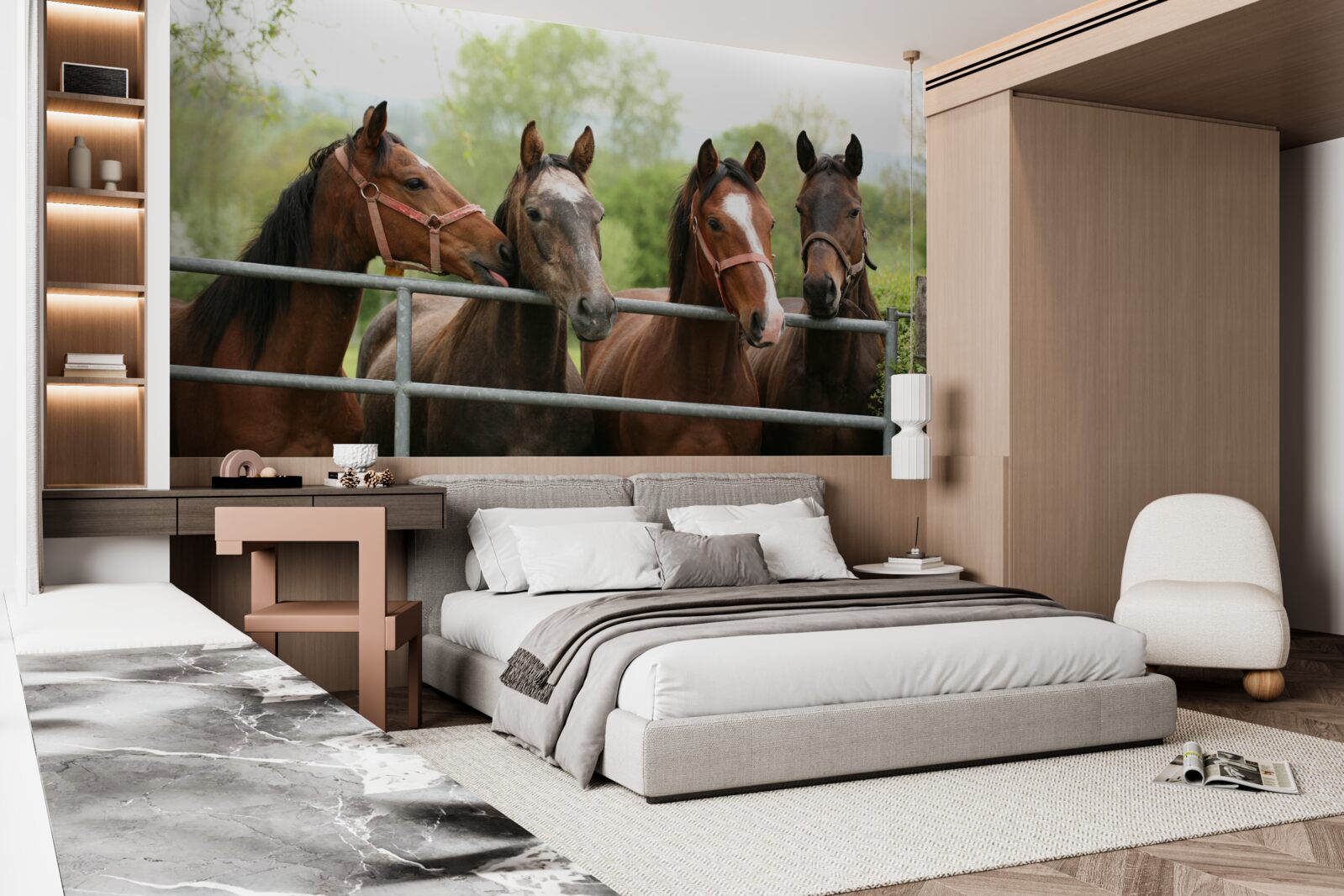 Fotobehang er staan vier bruine paarden in de omheining