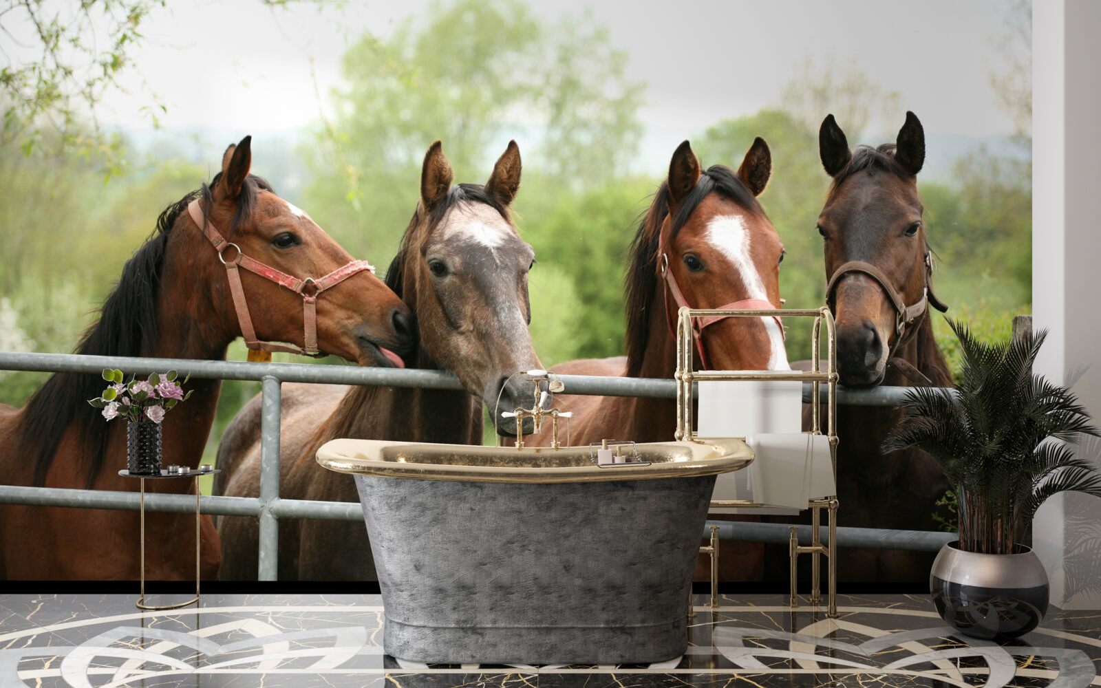 Fotobehang er staan vier bruine paarden in de omheining