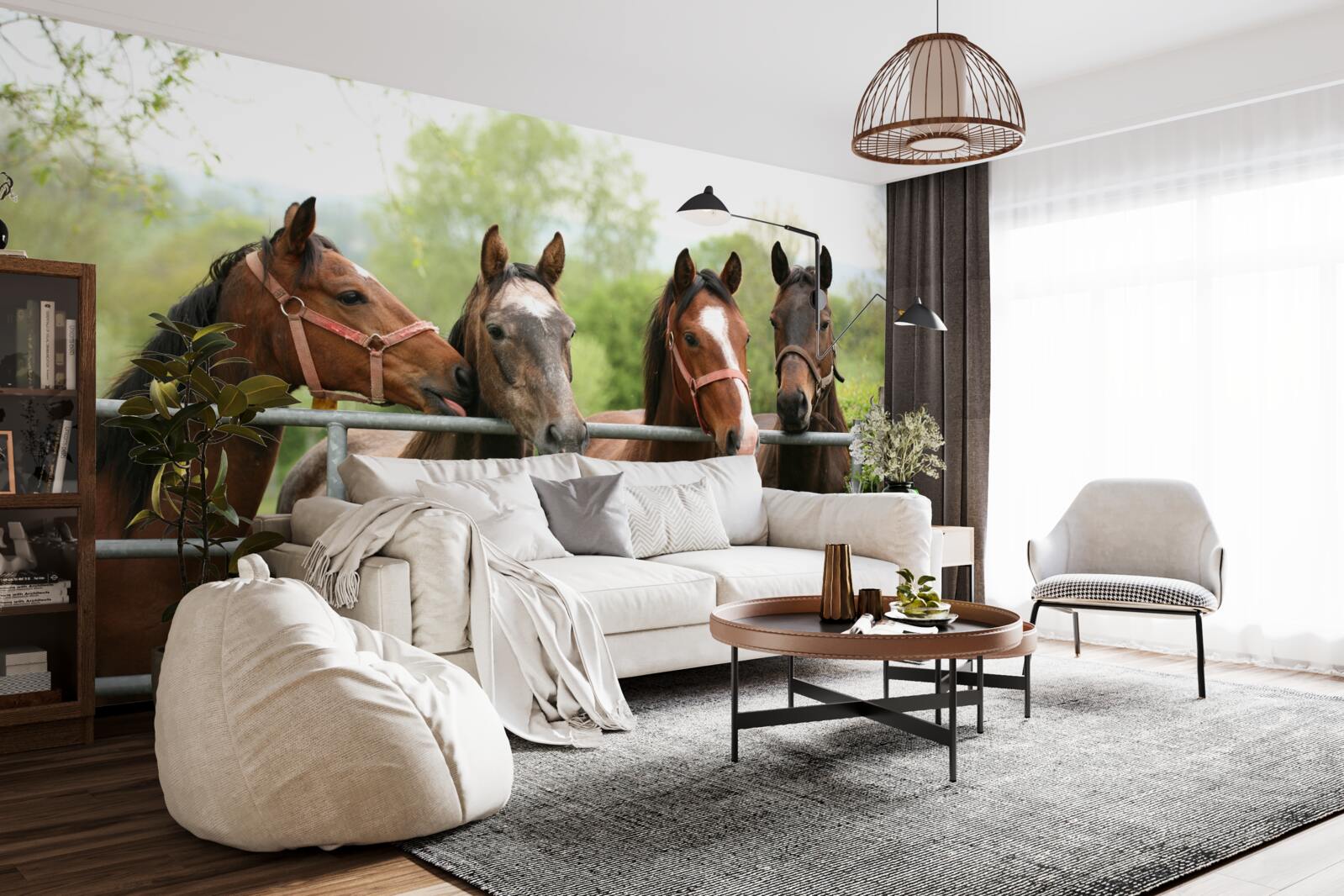 Fotobehang er staan vier bruine paarden in de omheining