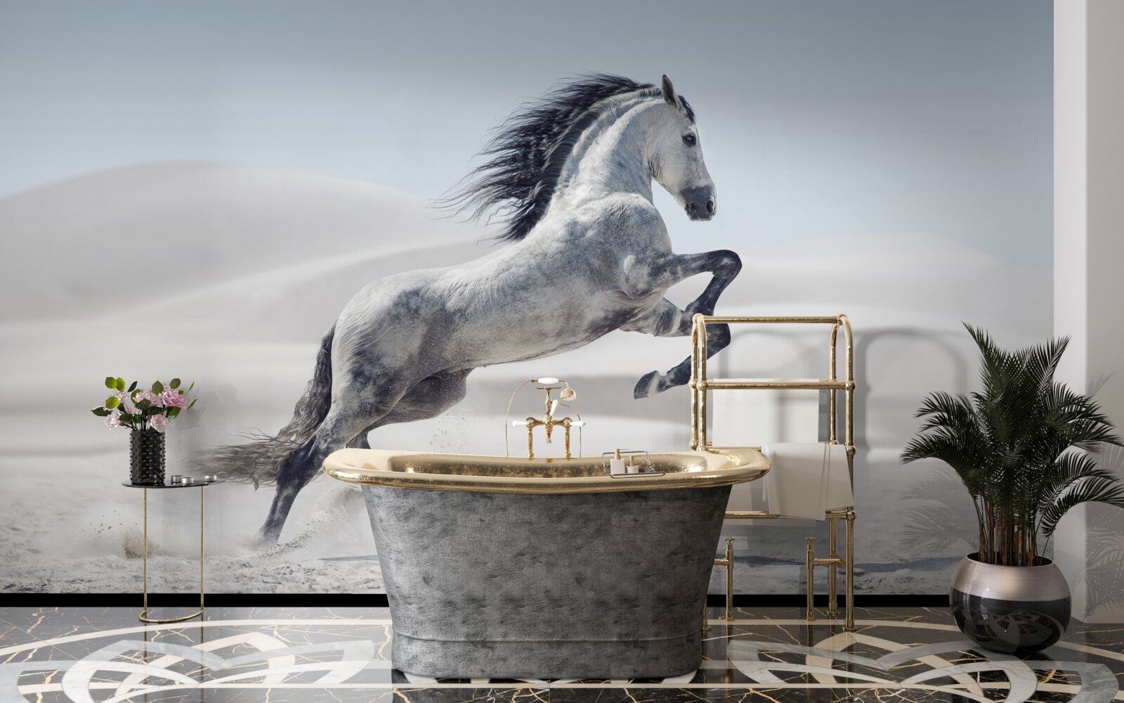 Fotobehang een sterk paard galoppeert door de woestijn