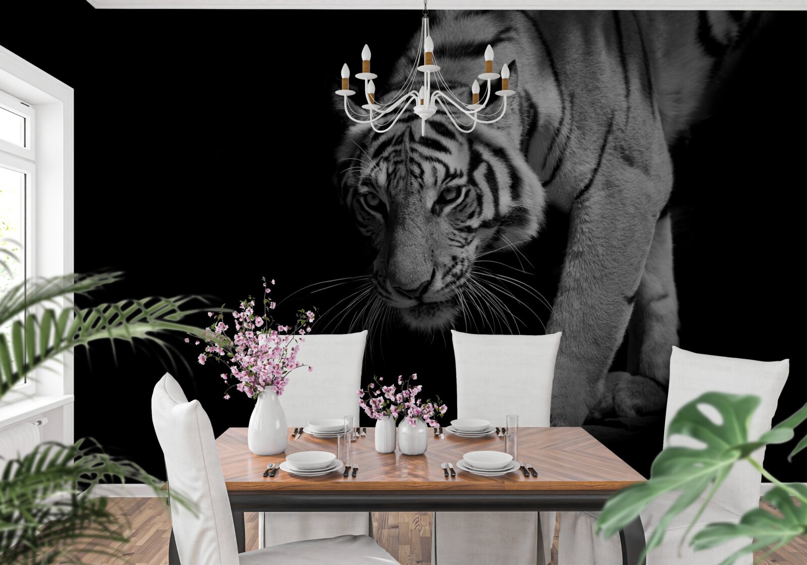 Fotobehang tijger kruipend tegen de achtergrond van duisternis