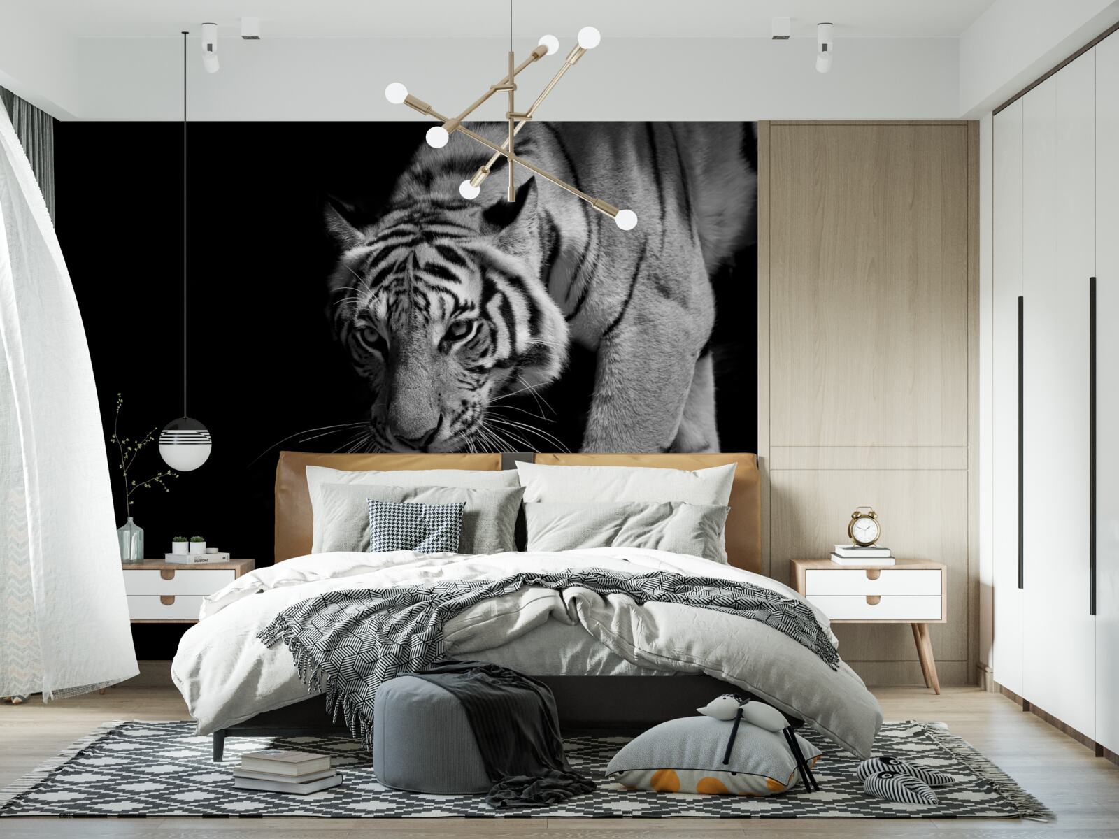 Fotobehang tijger kruipend tegen de achtergrond van duisternis