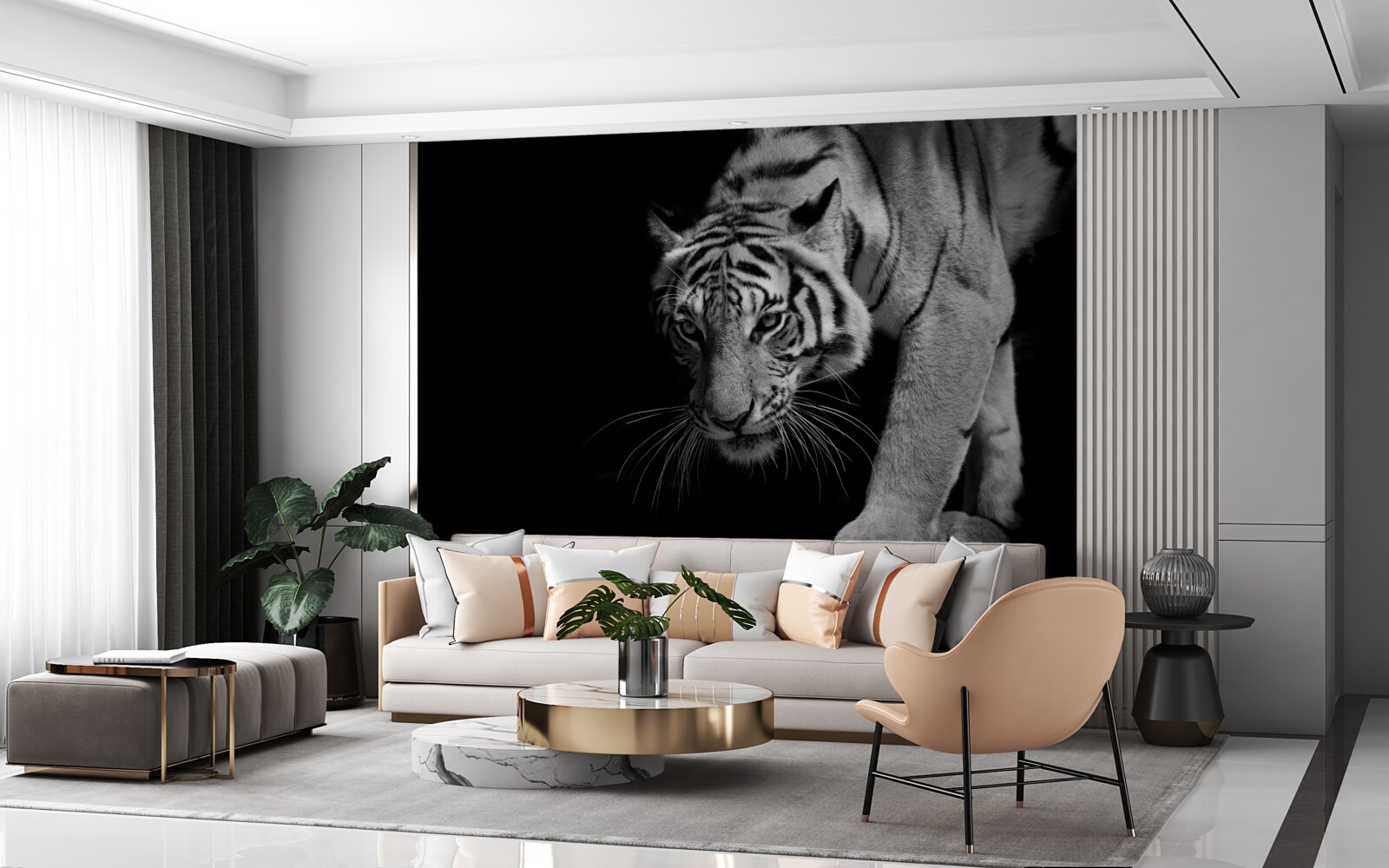 Fotobehang tijger kruipend tegen de achtergrond van duisternis