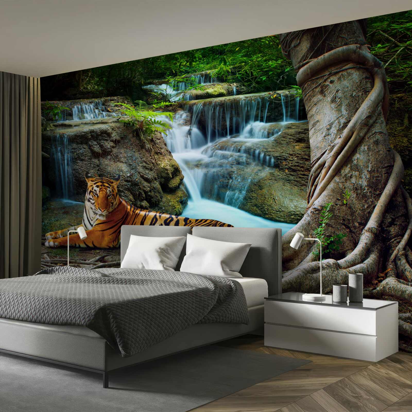 Fotobehang we brachten tijd door bij een waterval in het bos