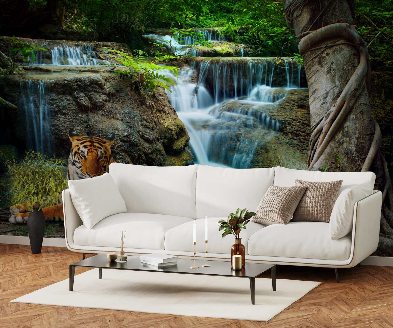 Fotobehang we brachten tijd door bij een waterval in het bos