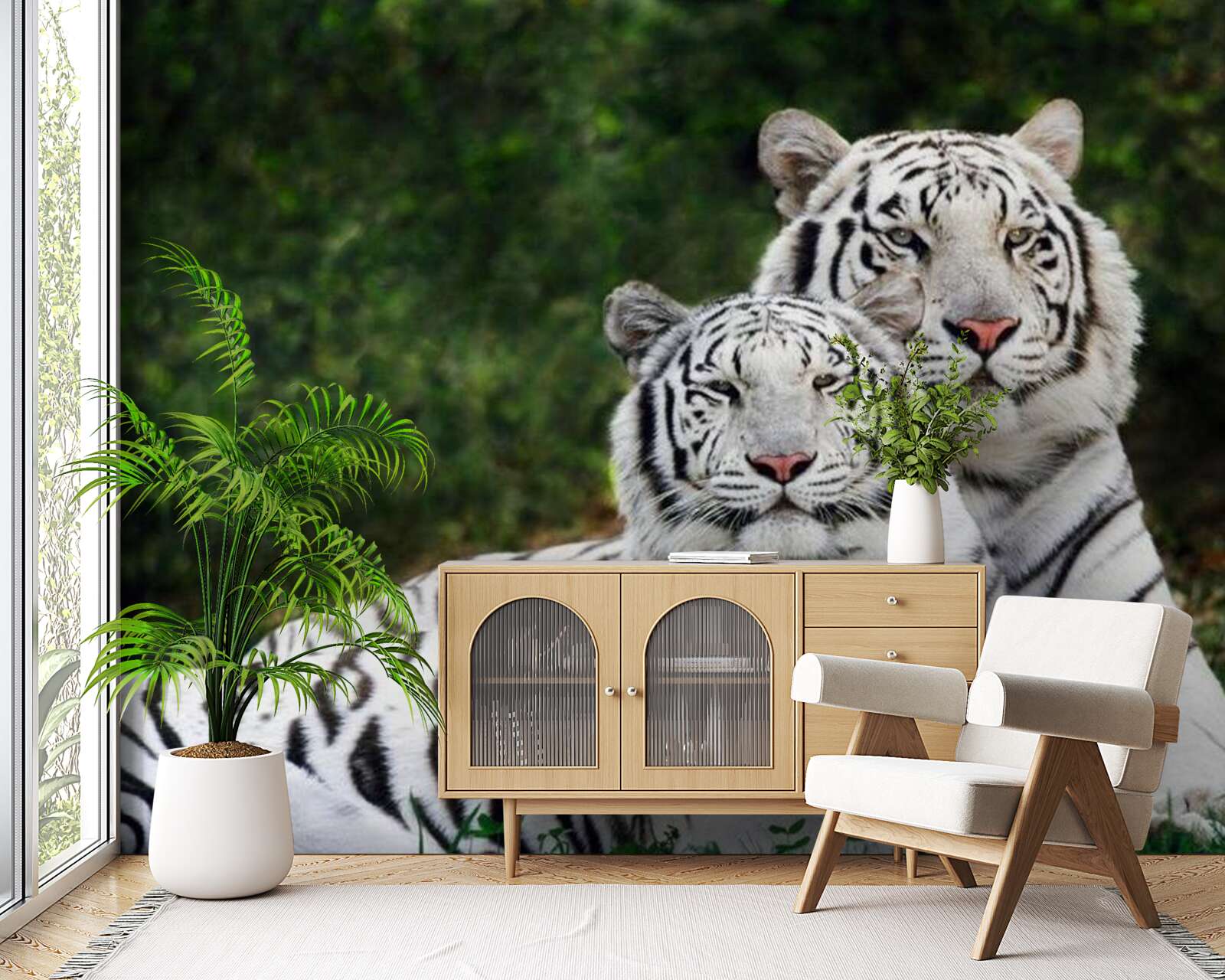 Fotobehang in het bos leven twee witte tijgers, getrouwd met