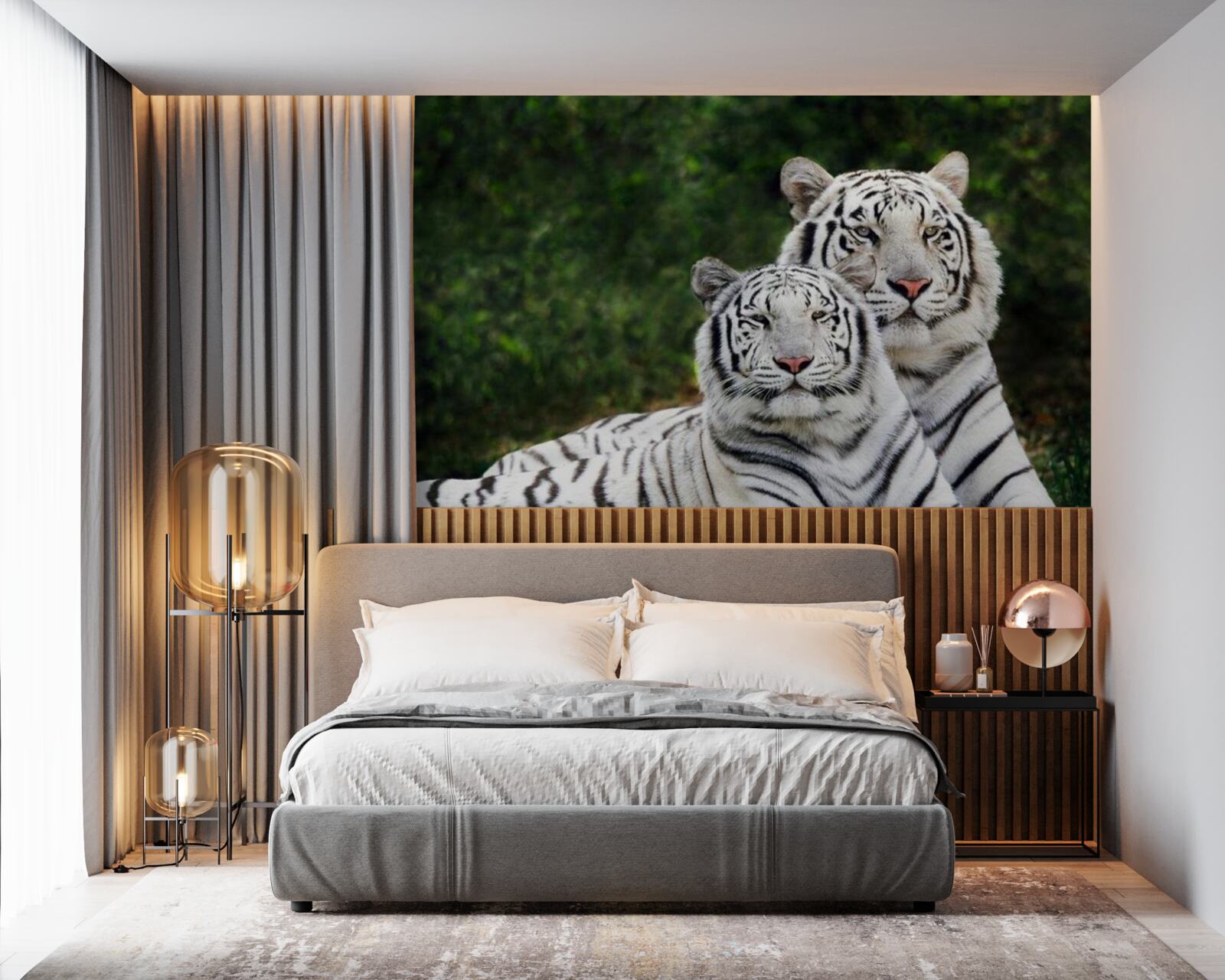 Fotobehang in het bos leven twee witte tijgers, getrouwd met