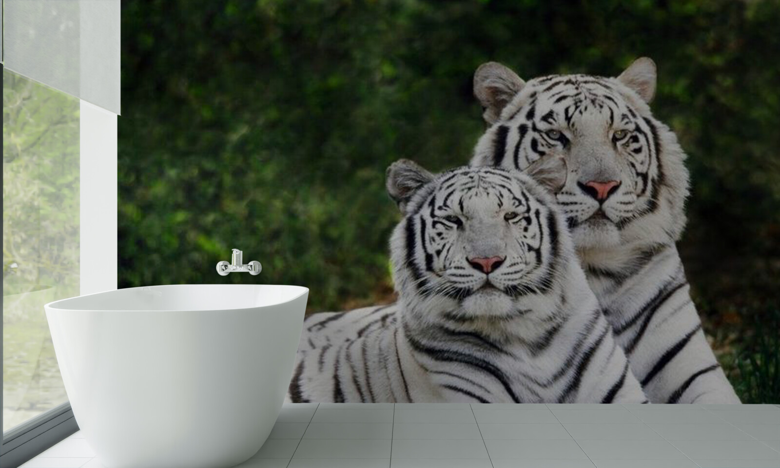 Fotobehang in het bos leven twee witte tijgers, getrouwd met