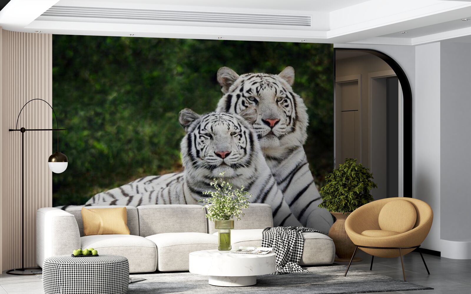 Fotobehang in het bos leven twee witte tijgers, getrouwd met