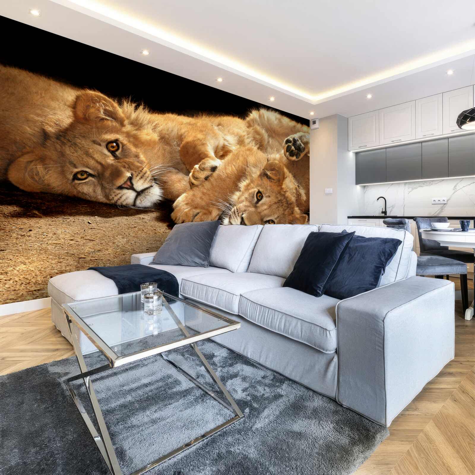 Fotobehang jonge leeuwen spelen op de grond