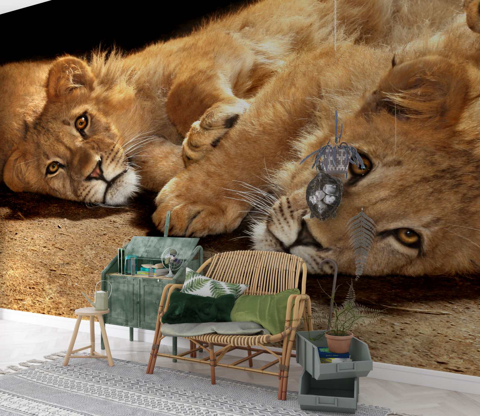 Fotobehang jonge leeuwen spelen op de grond