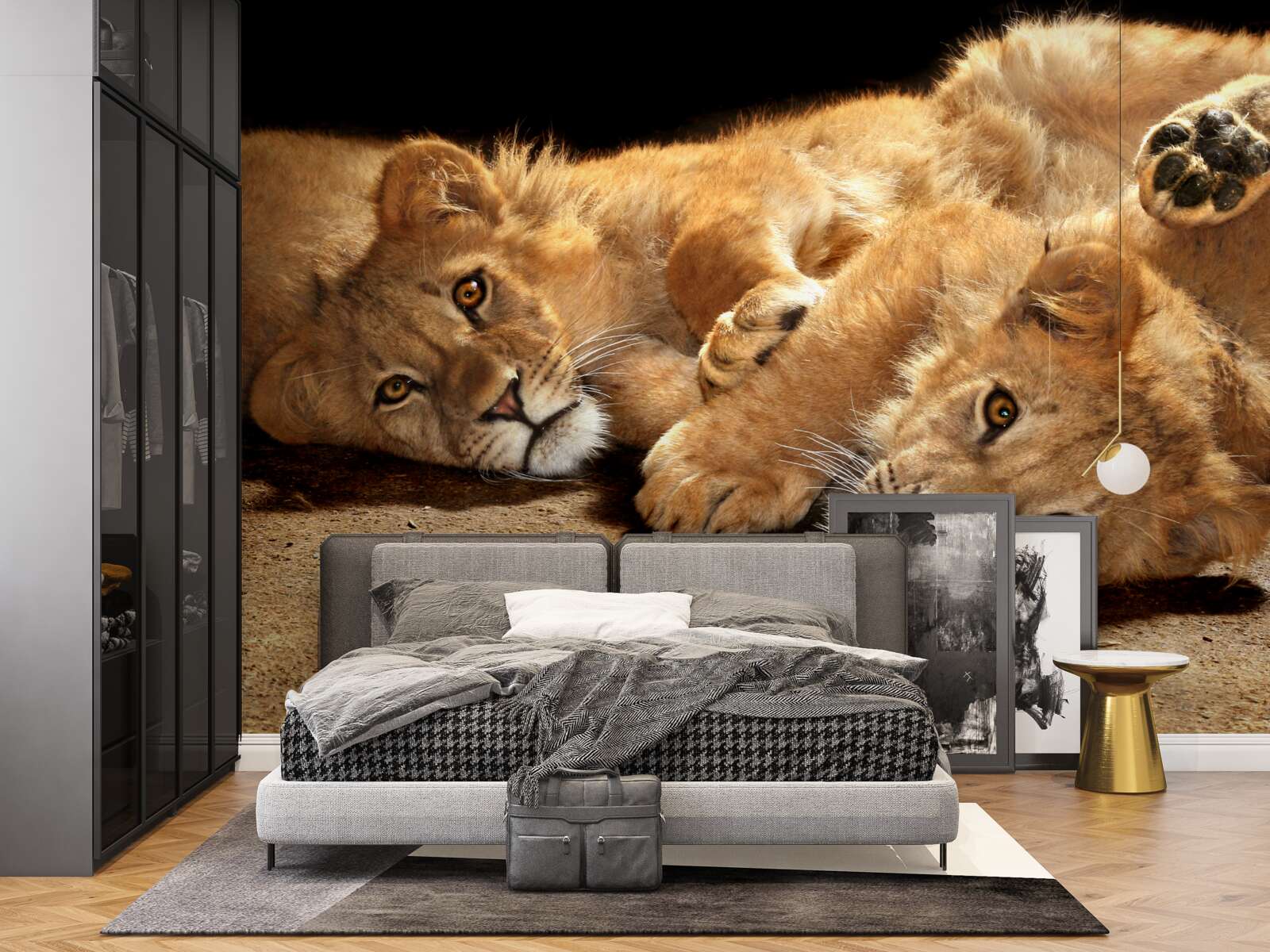Fotobehang jonge leeuwen spelen op de grond