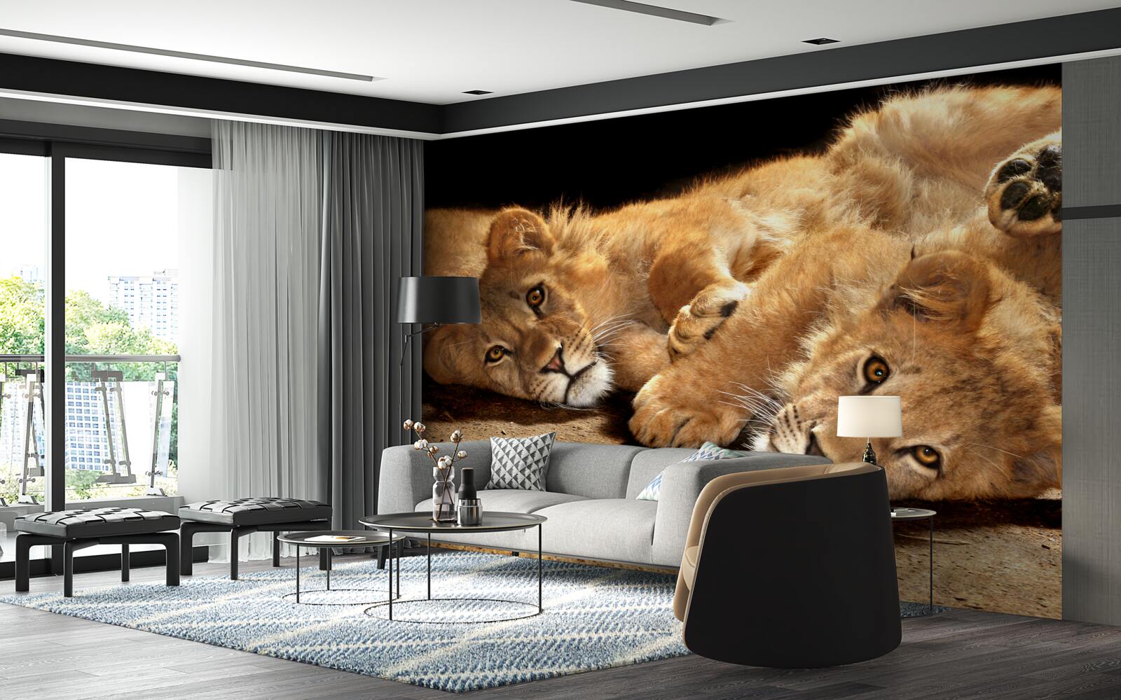 Fotobehang jonge leeuwen spelen op de grond