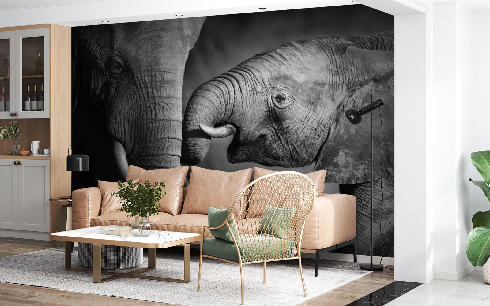 Fotobehang baby olifant en moeder zijn wit en zwart