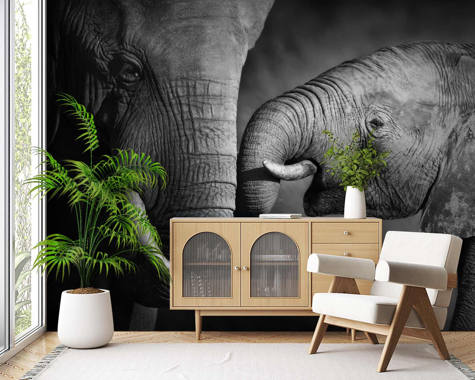 Fotobehang baby olifant en moeder zijn wit en zwart