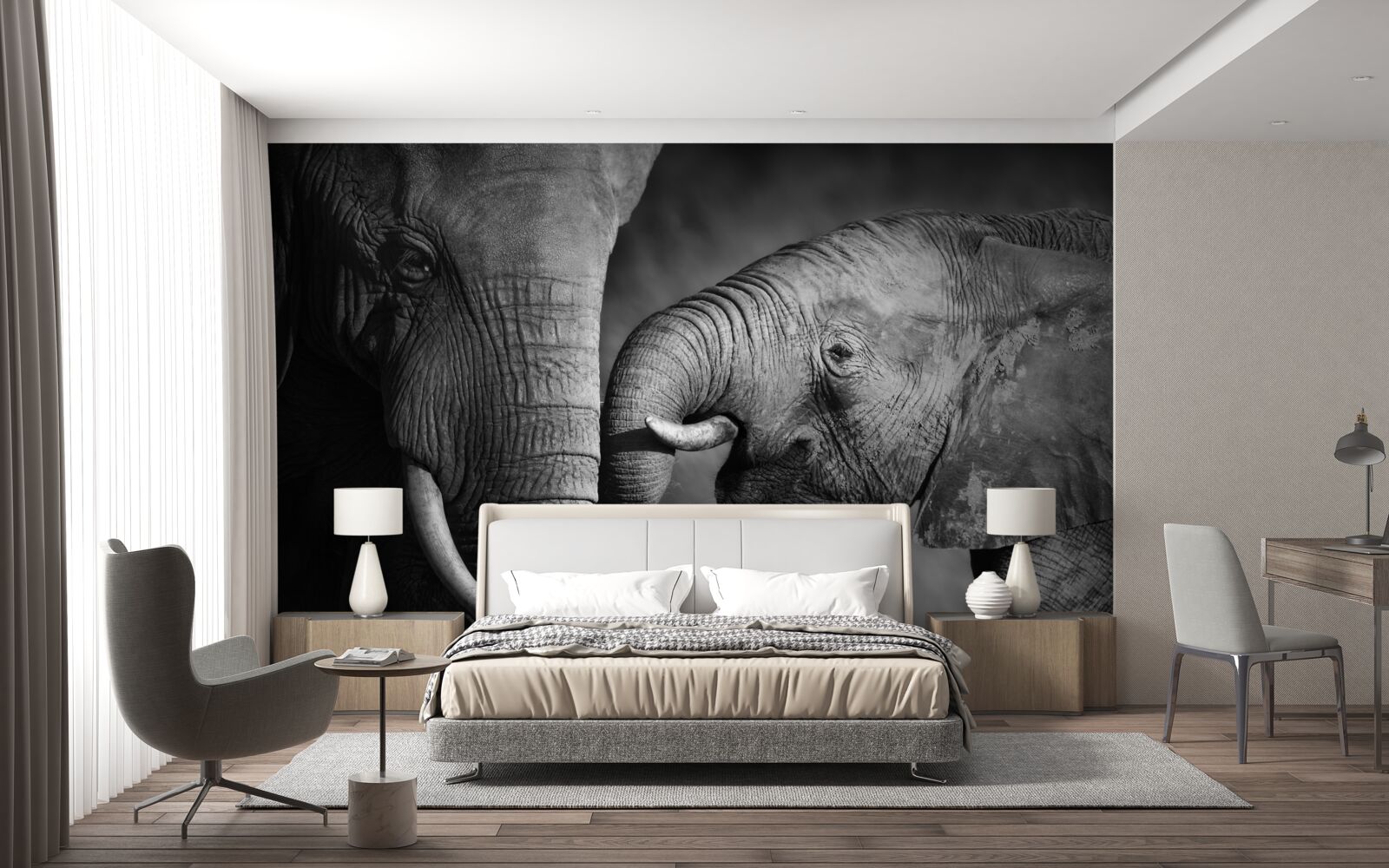 Fotobehang baby olifant en moeder zijn wit en zwart