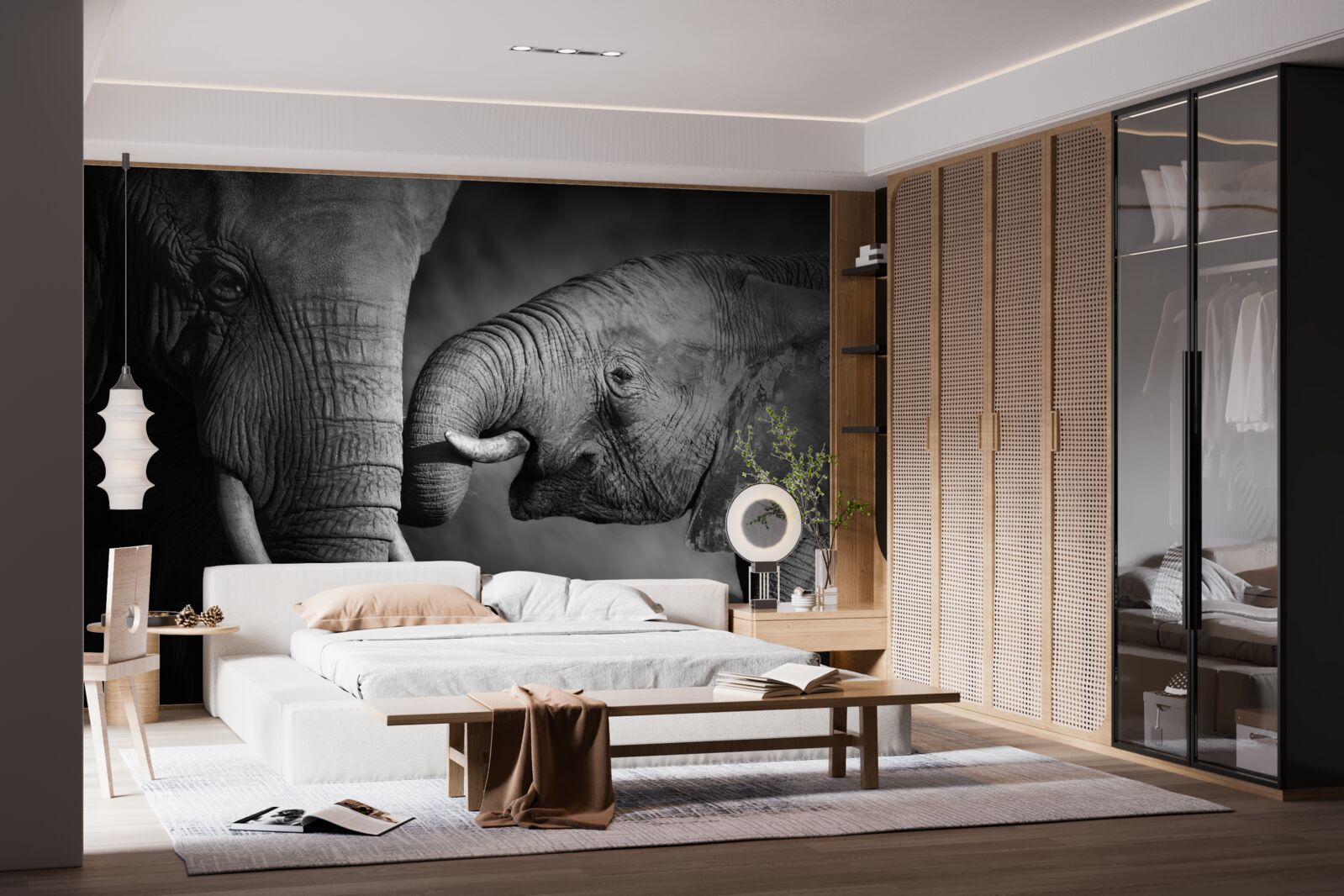 Fotobehang baby olifant en moeder zijn wit en zwart